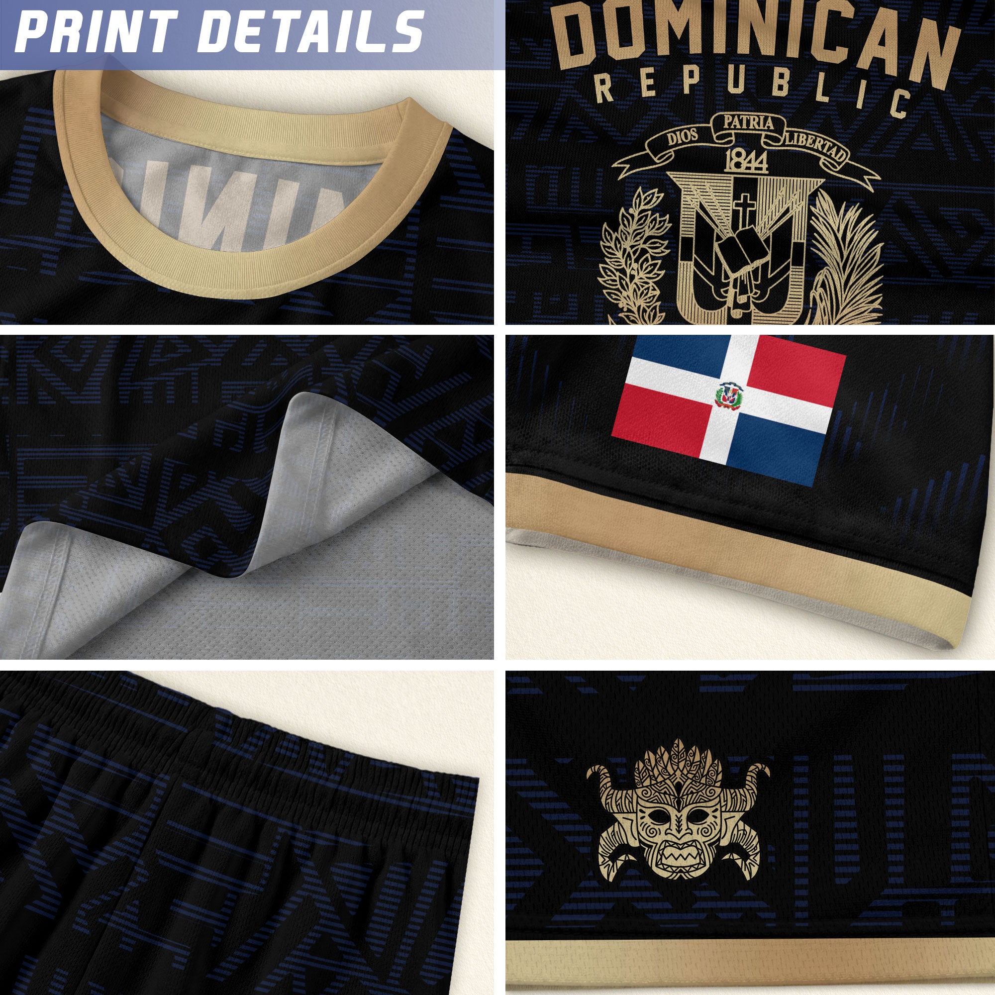 Dominican Republic Kids Youth Black Navy Gold Geometric National Soccer Jersey