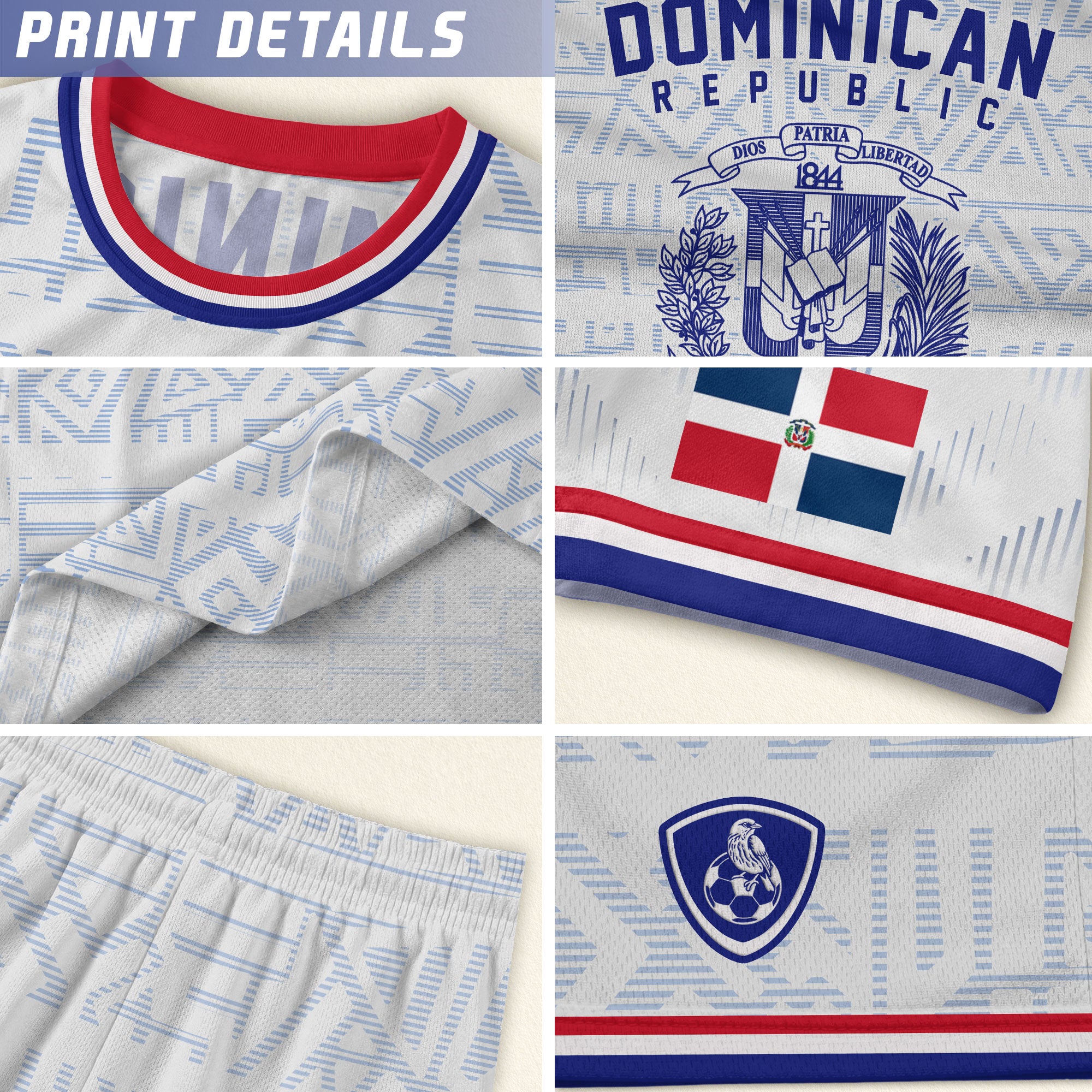 Dominican Republic Kids Youth White Red Blue Athletic Geometric Soccer Jersey