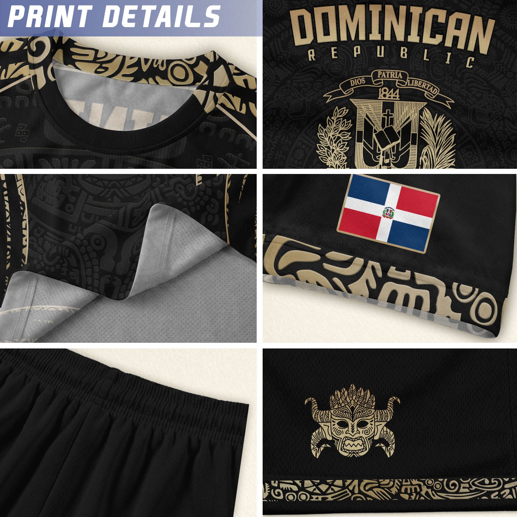 Dominican Republic Kids Youth Heritage Black Gold Taino Mask National Soccer Jersey