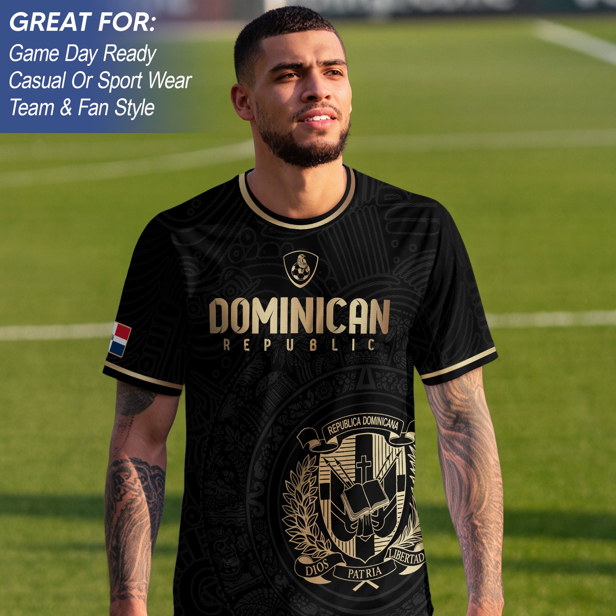 Dominican Republic Black Gold Flag Emblem Graphic National Heritage Soccer Jersey