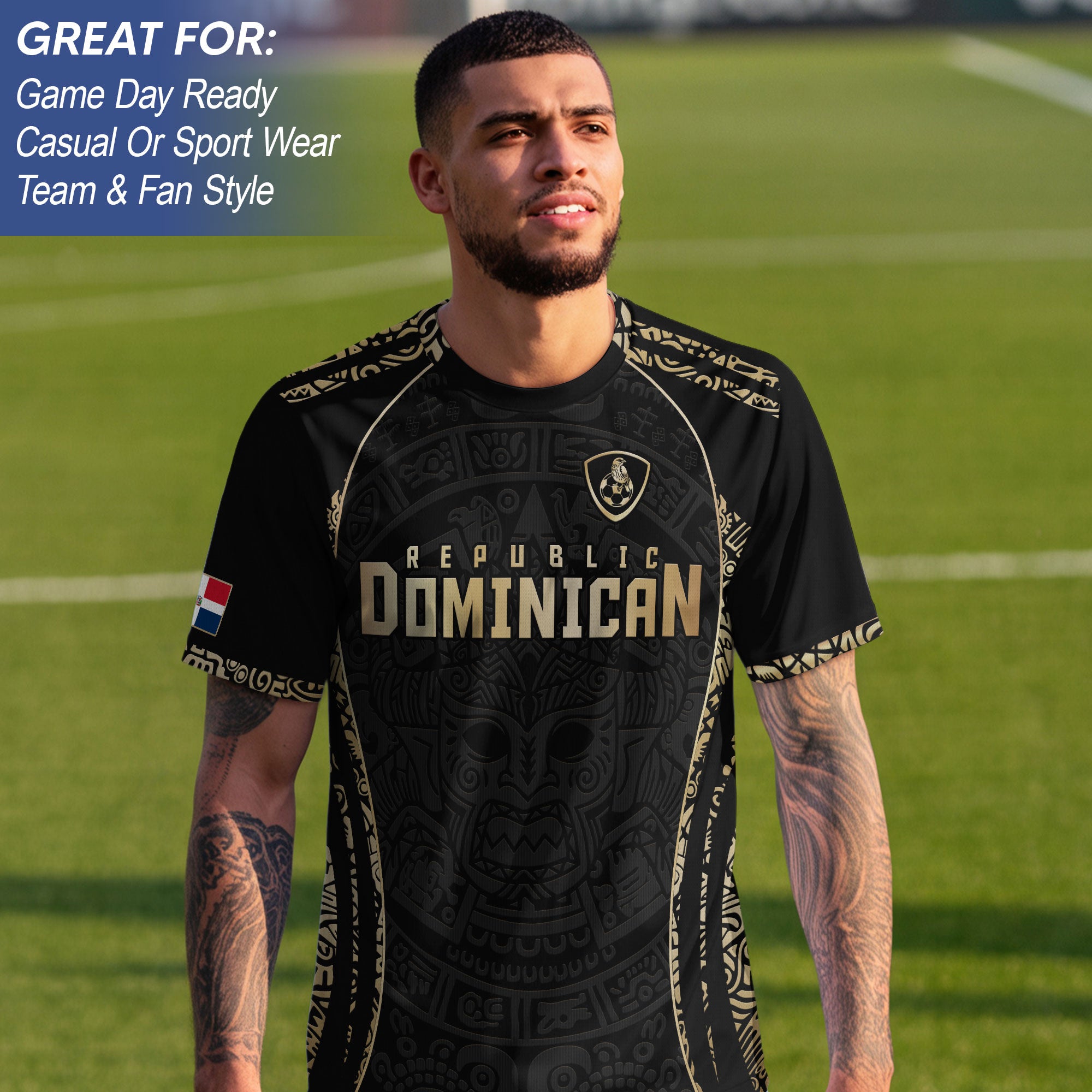 Dominican Cultural Heritage Soccer Jersey Black And Gold, National Pride Collection