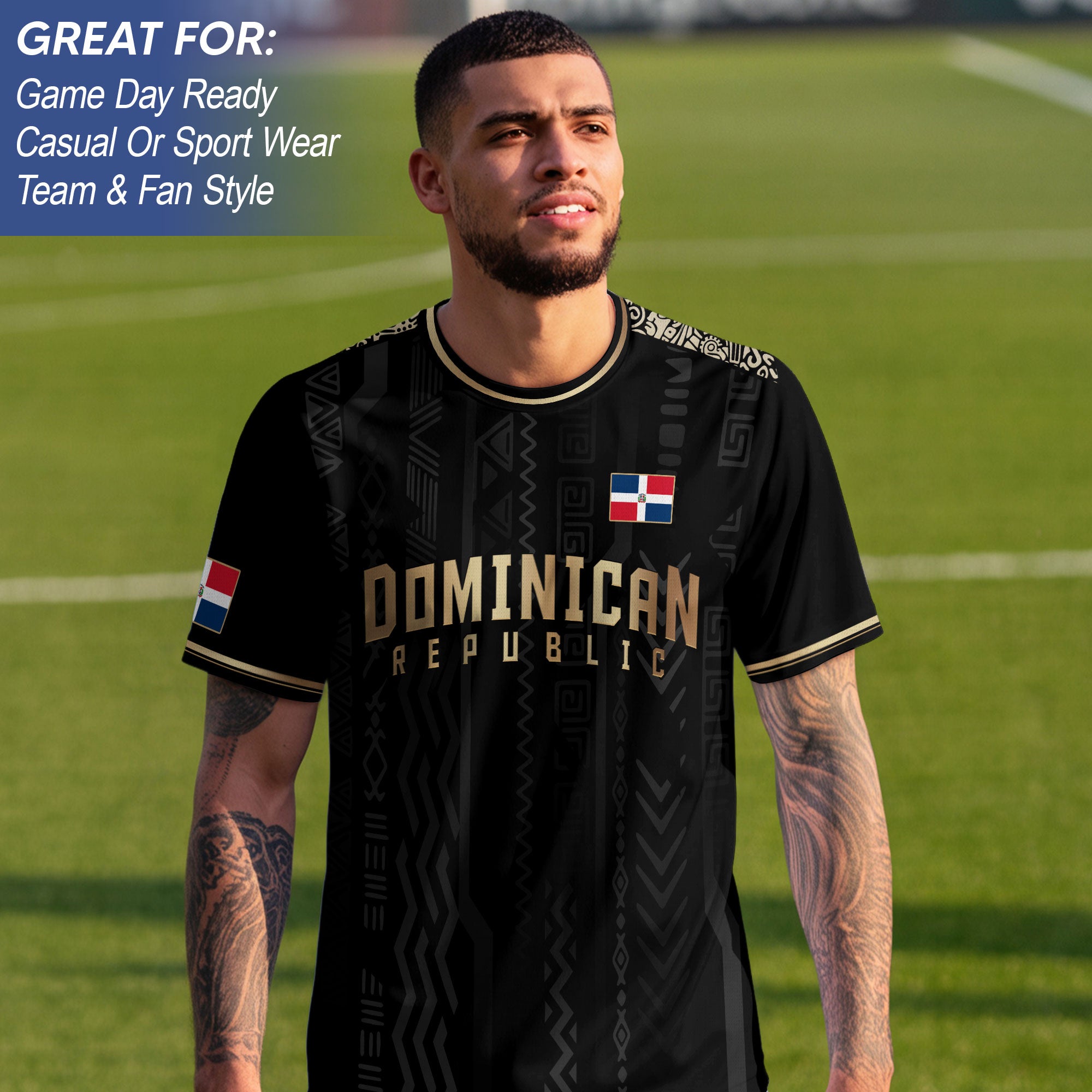 Dominican Republic Coat of Arms Tribal Black Gold National Pride Soccer Jersey