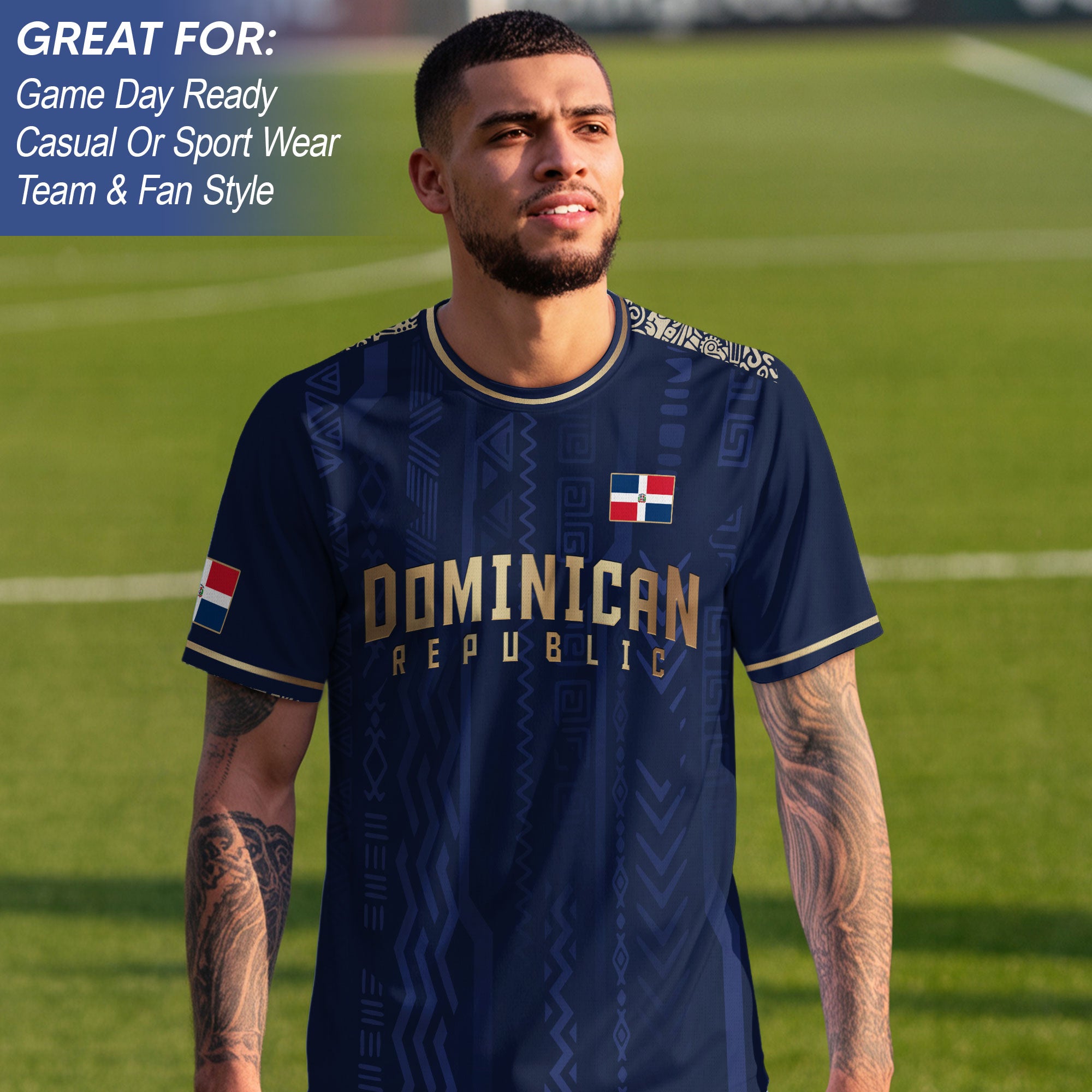 Dominican Republic Navy Gold National Symbol Tribal Pattern Pride Soccer Jersey