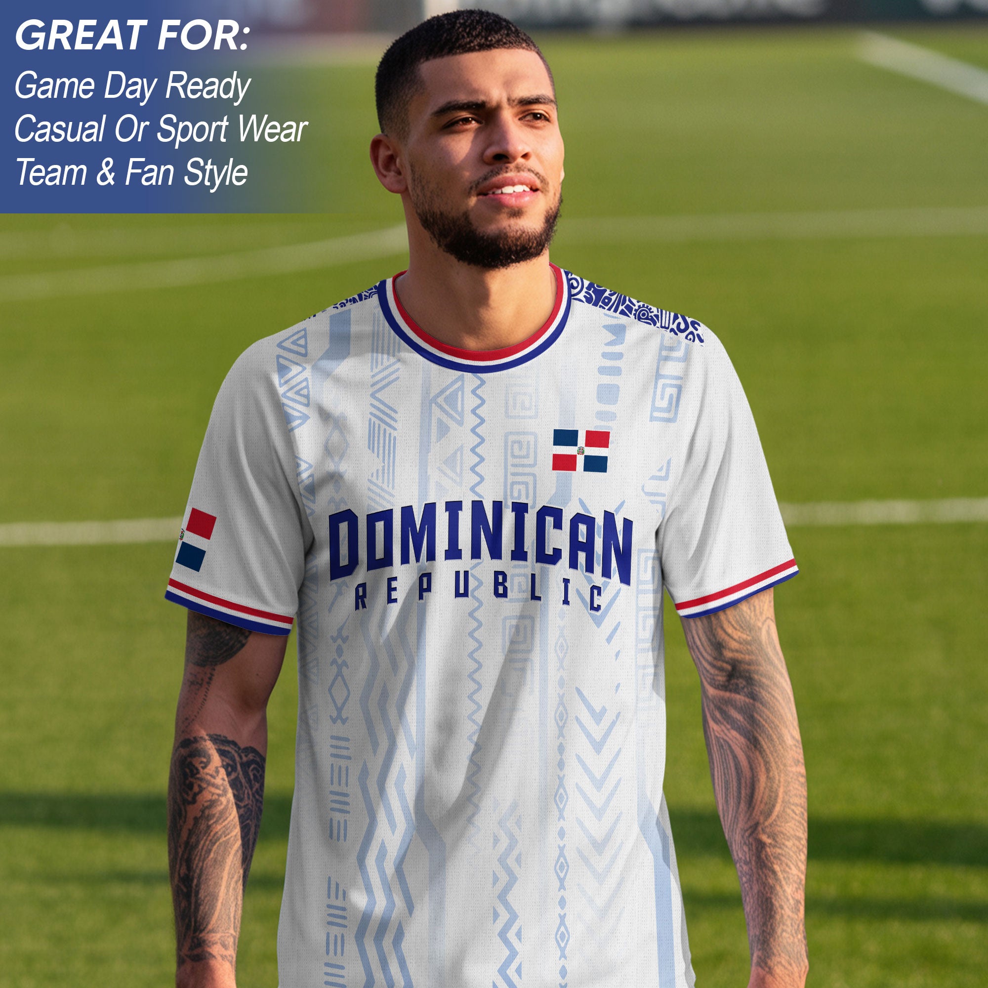 Dominican Republic White Blue Red National Symbol Tribal Pattern Pride Soccer Jersey