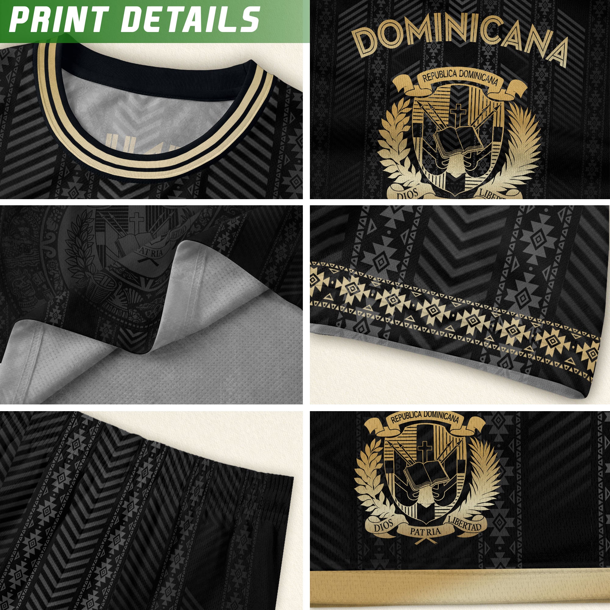 Dominican Republic Kids Youth Heritage Black Gold Vintage Vertical Pattern Soccer Jersey