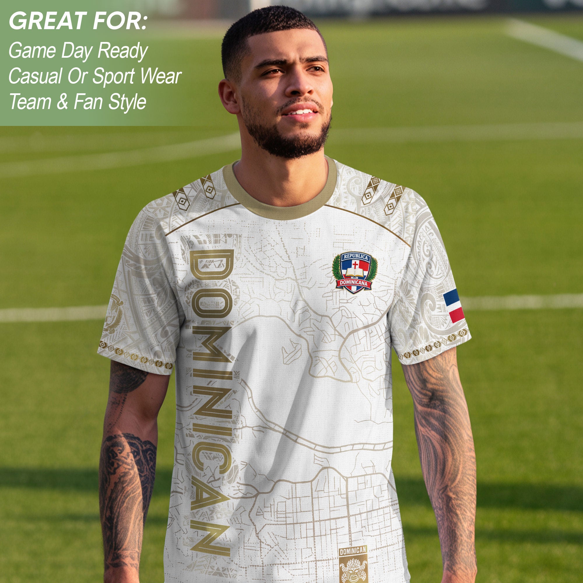 Dominican Cultural Identity Soccer Jersey White Gold, National Heritage Edition
