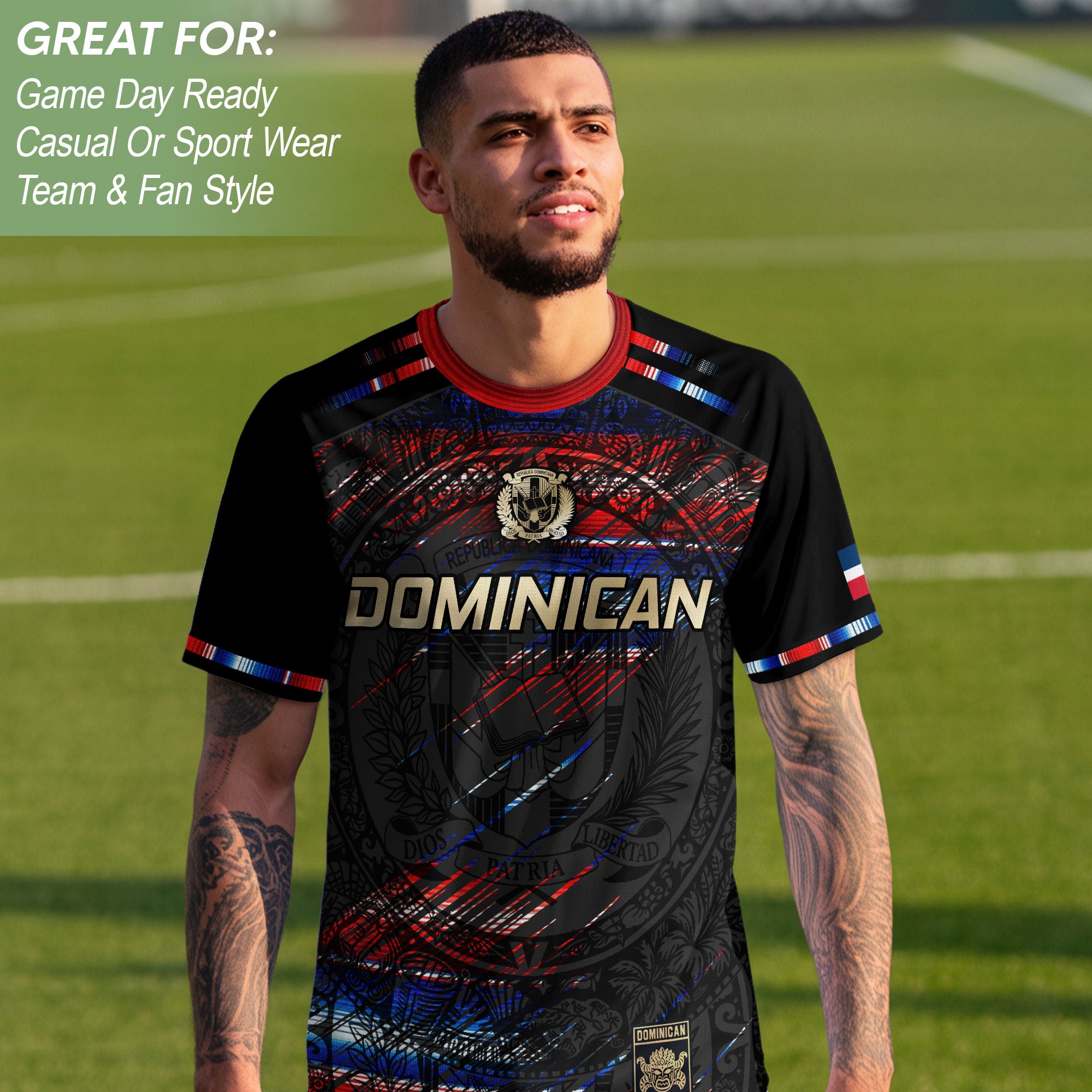 Dominican Heritage Pride Soccer Jersey Black Red Navy, Cultural Unity Collection