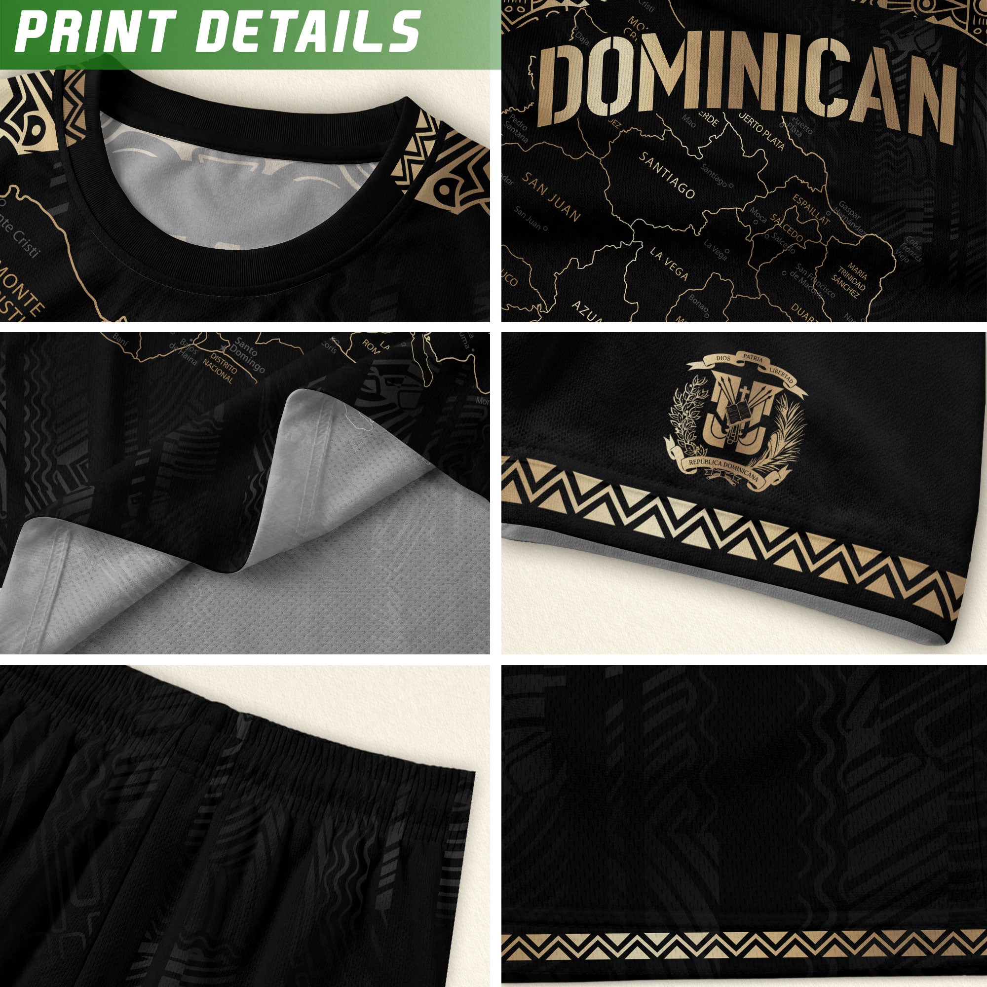 Dominican Heritage Soccer Jersey with Island Map Black Gold, Taino Inspired National Pride Shirt