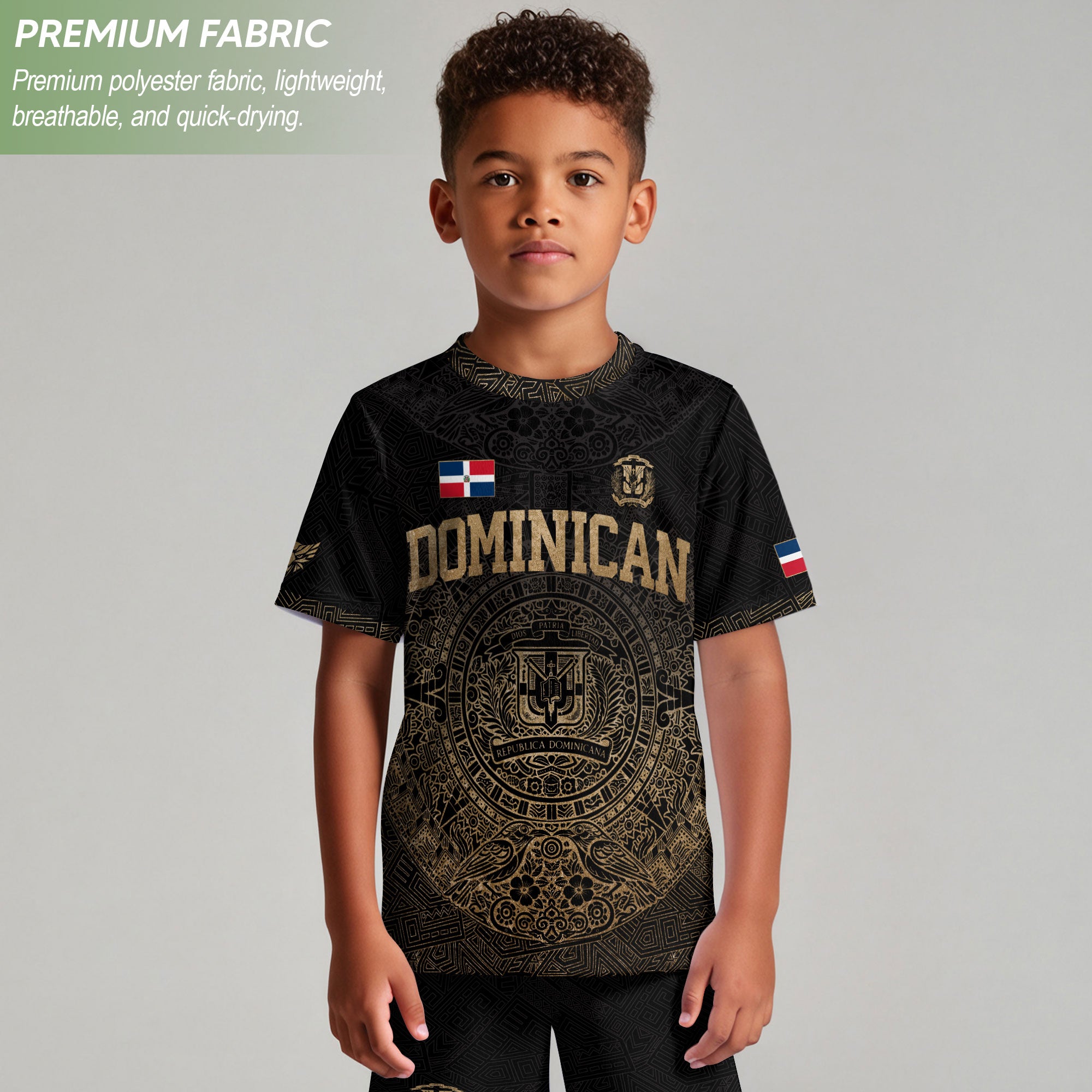 Dominican Identity Soccer Jersey Black Gold for Kids Youth, Heritage & Pride Collection