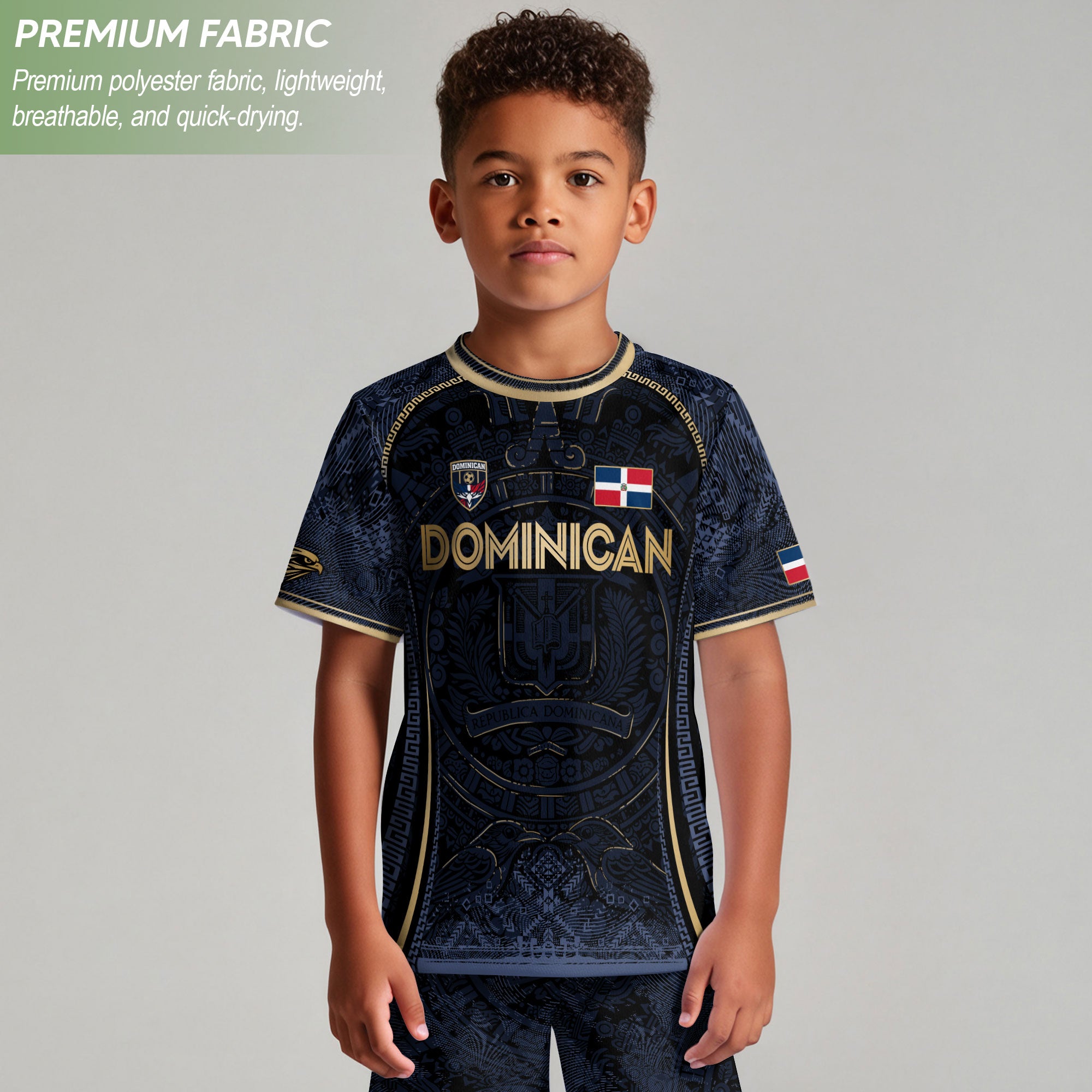 Dominican Cultural Legacy Soccer Jersey Navy Gold for Kids Youth, National Pride Apparel