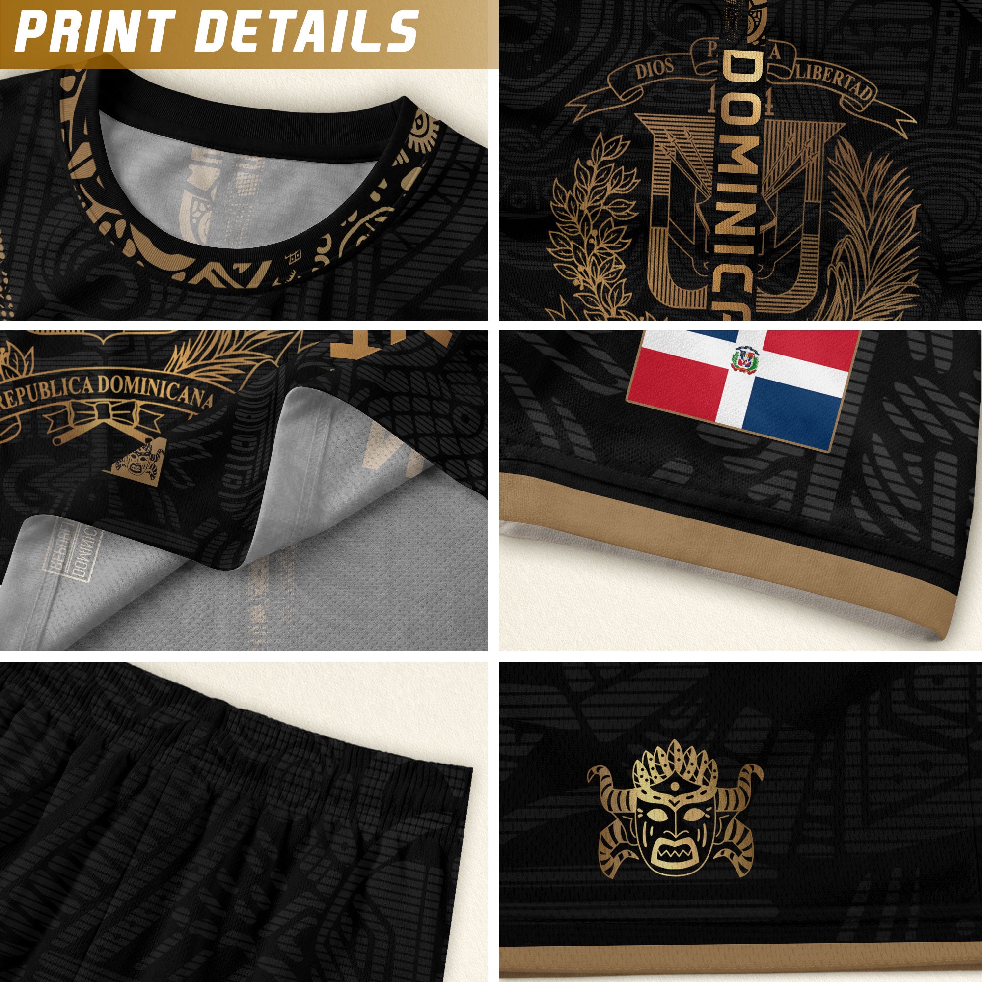 Dominican Republic Black Gold Taino Tribal Pattern National Pride Vintage Soccer Jersey