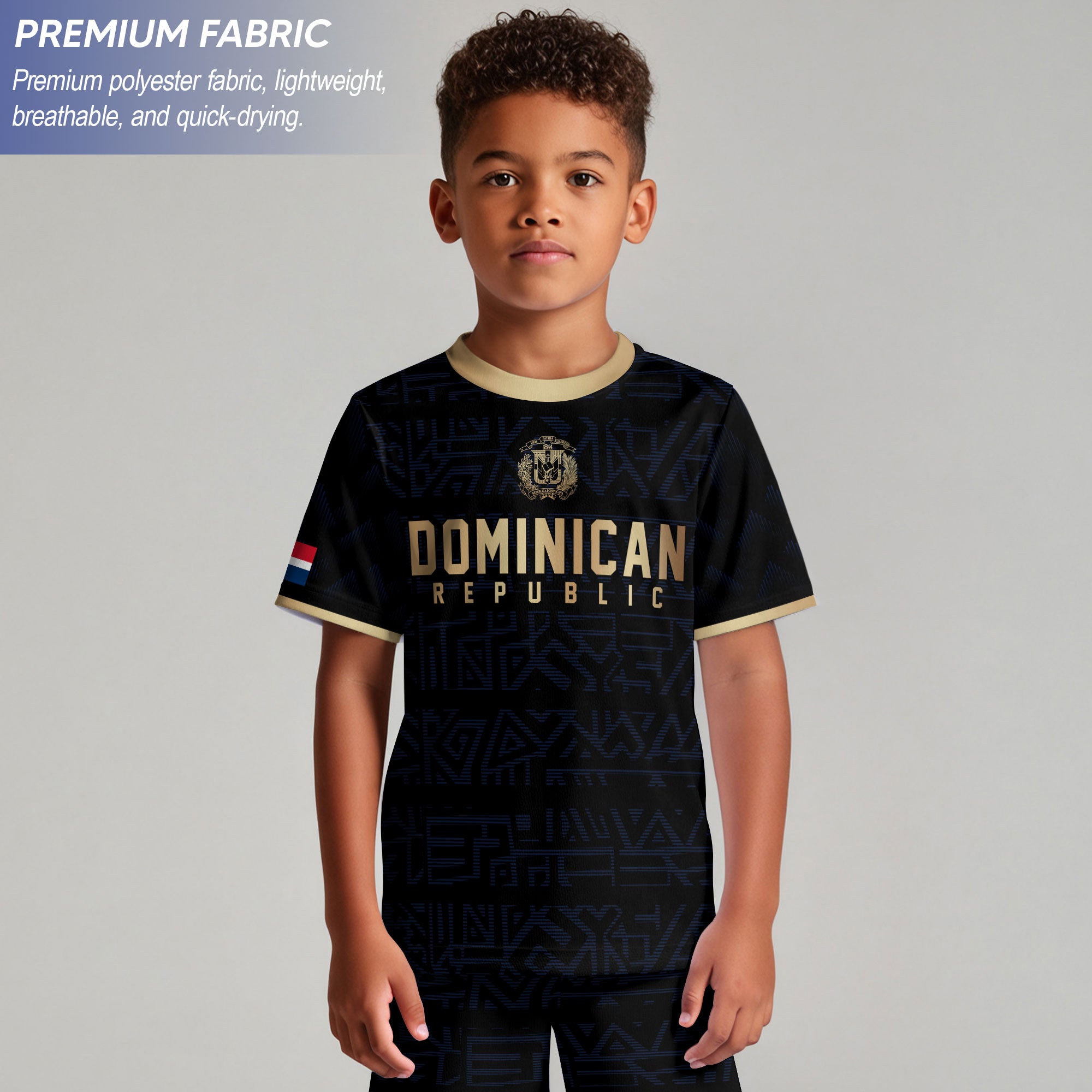 Dominican Republic Kids Youth Black Navy Gold Geometric National Soccer Jersey