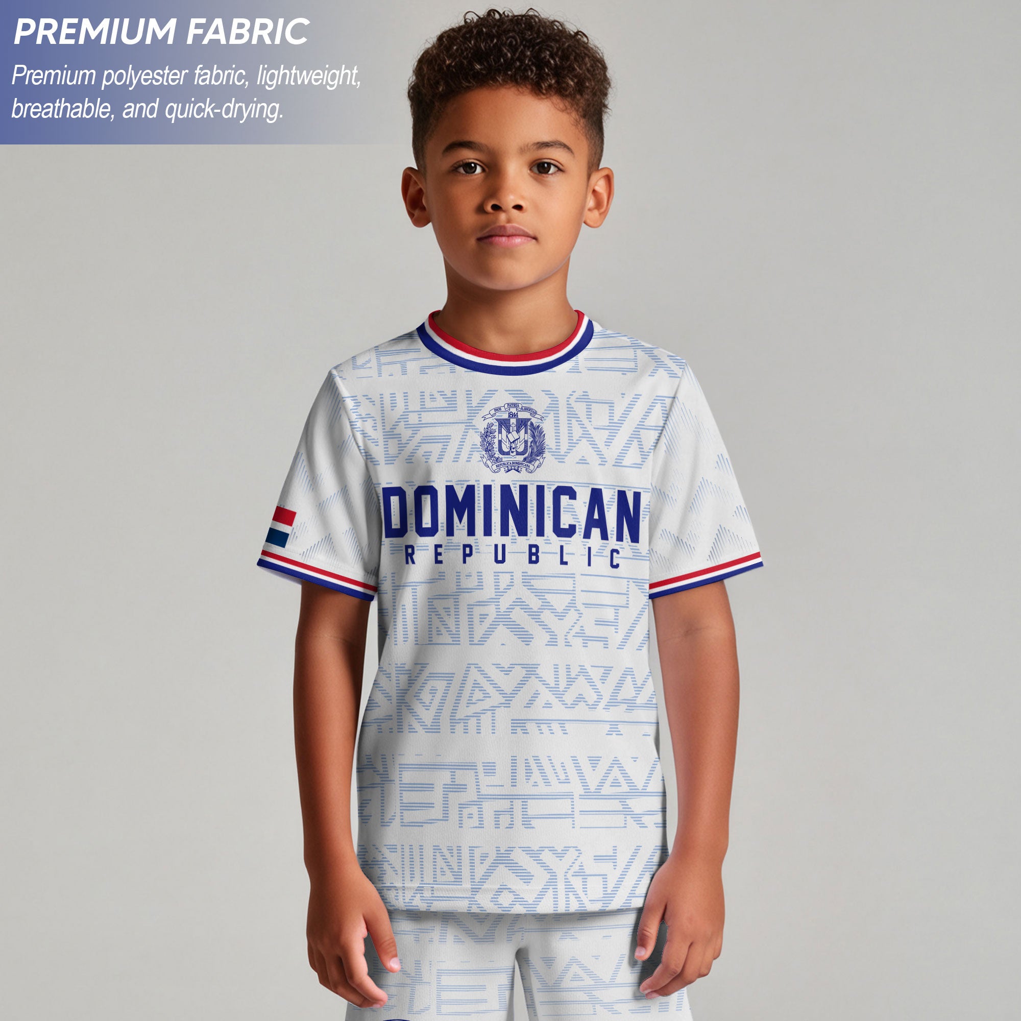 Dominican Republic Kids Youth White Red Blue Athletic Geometric Soccer Jersey
