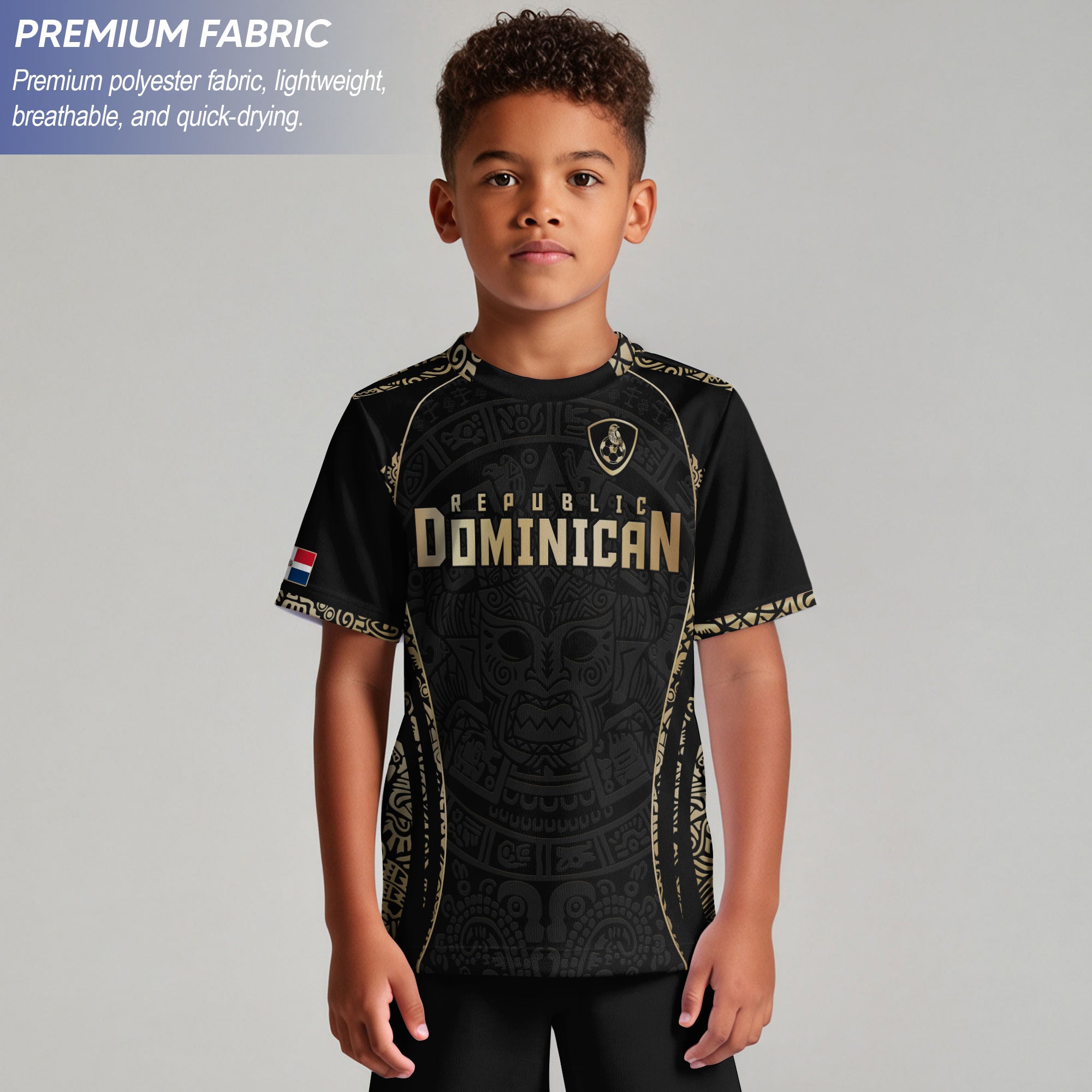 Dominican Republic Kids Youth Heritage Black Gold Taino Mask National Soccer Jersey