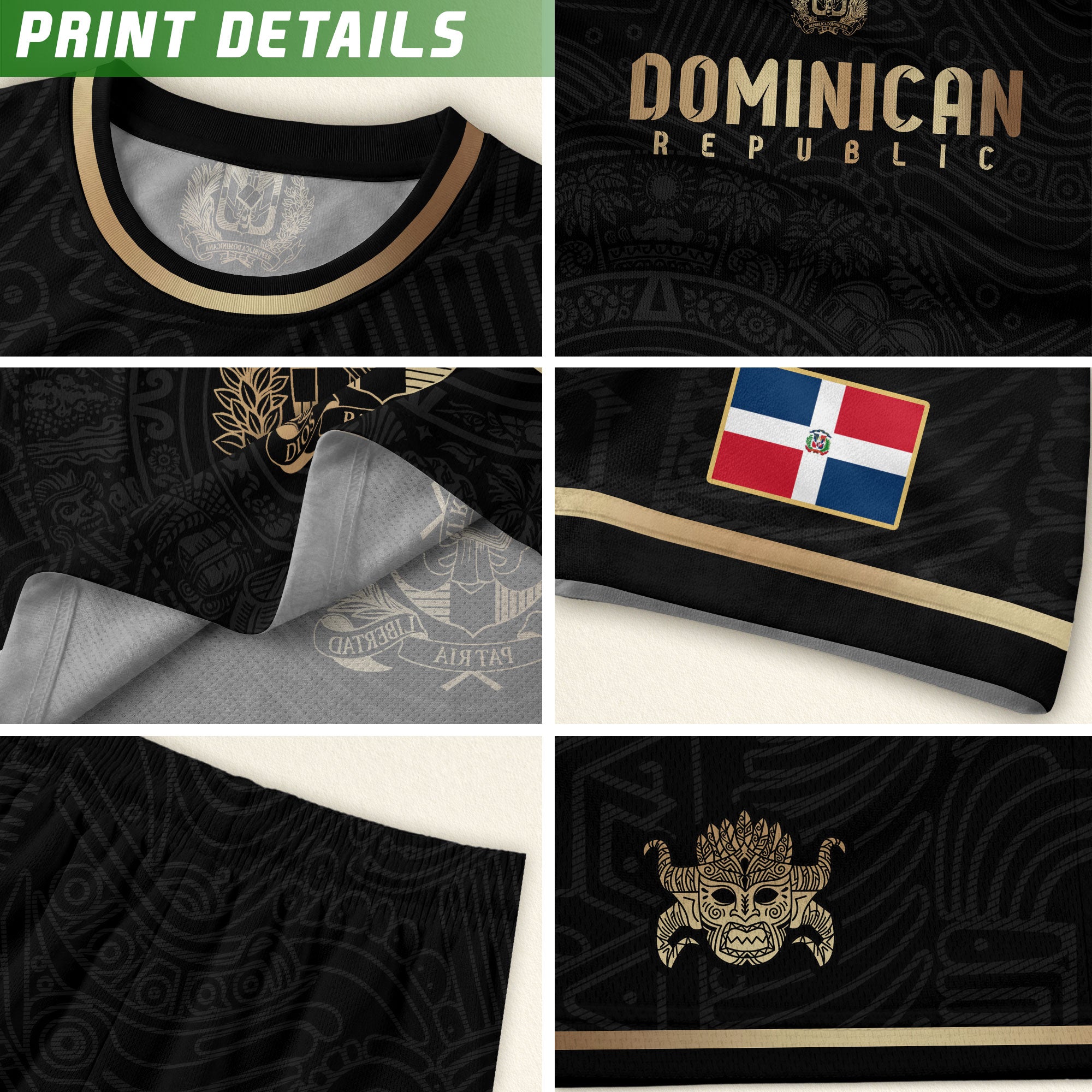 Dominican Republic Black Gold Flag Emblem Graphic National Heritage Soccer Jersey
