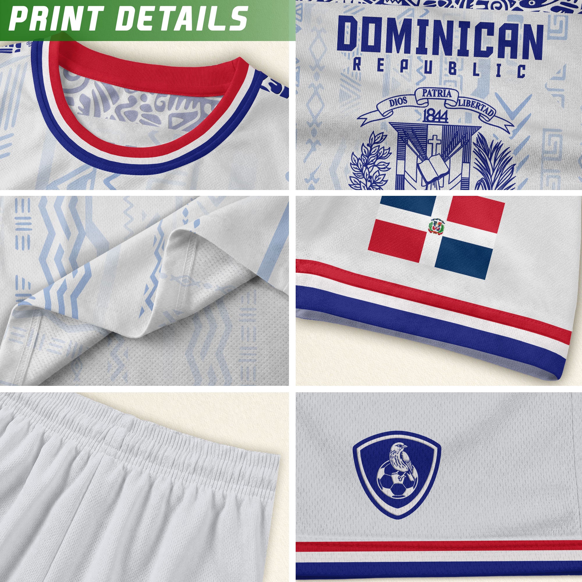 Dominican Republic White Blue Red National Symbol Tribal Pattern Pride Soccer Jersey