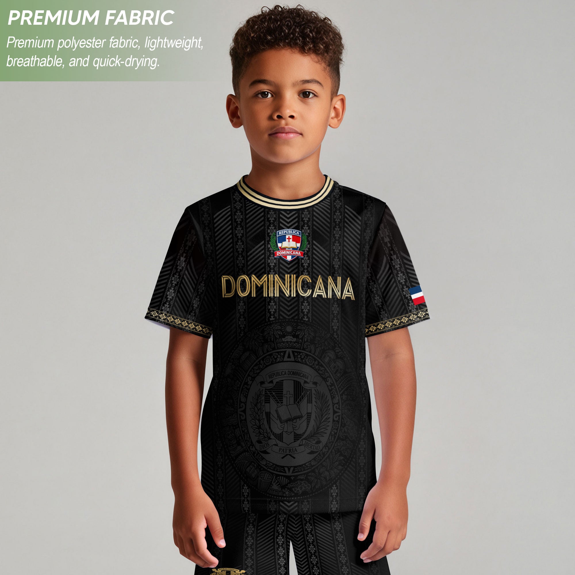 Dominican Republic Kids Youth Heritage Black Gold Vintage Vertical Pattern Soccer Jersey