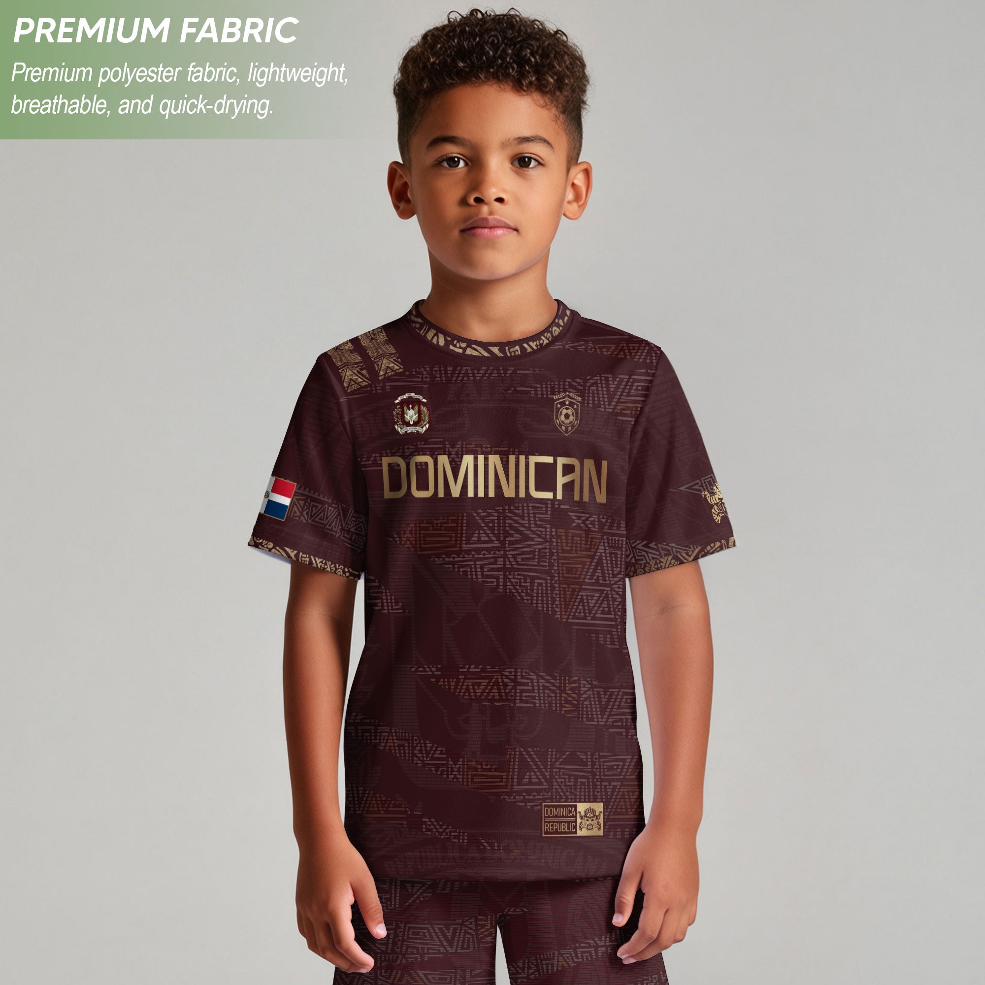 Dominican Cultural Heritage Kids Soccer Jersey Maroon Gold Pride Edition