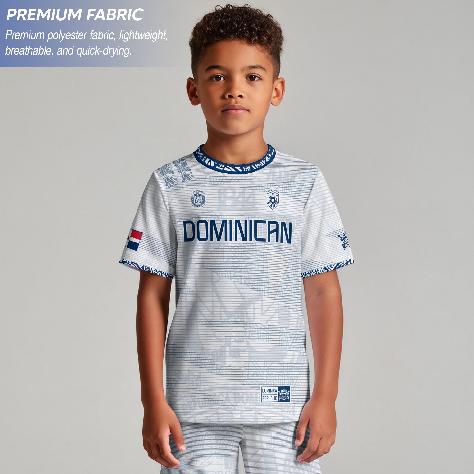 Dominican Kids Soccer Jersey White Blue Cultural Heritage Edition