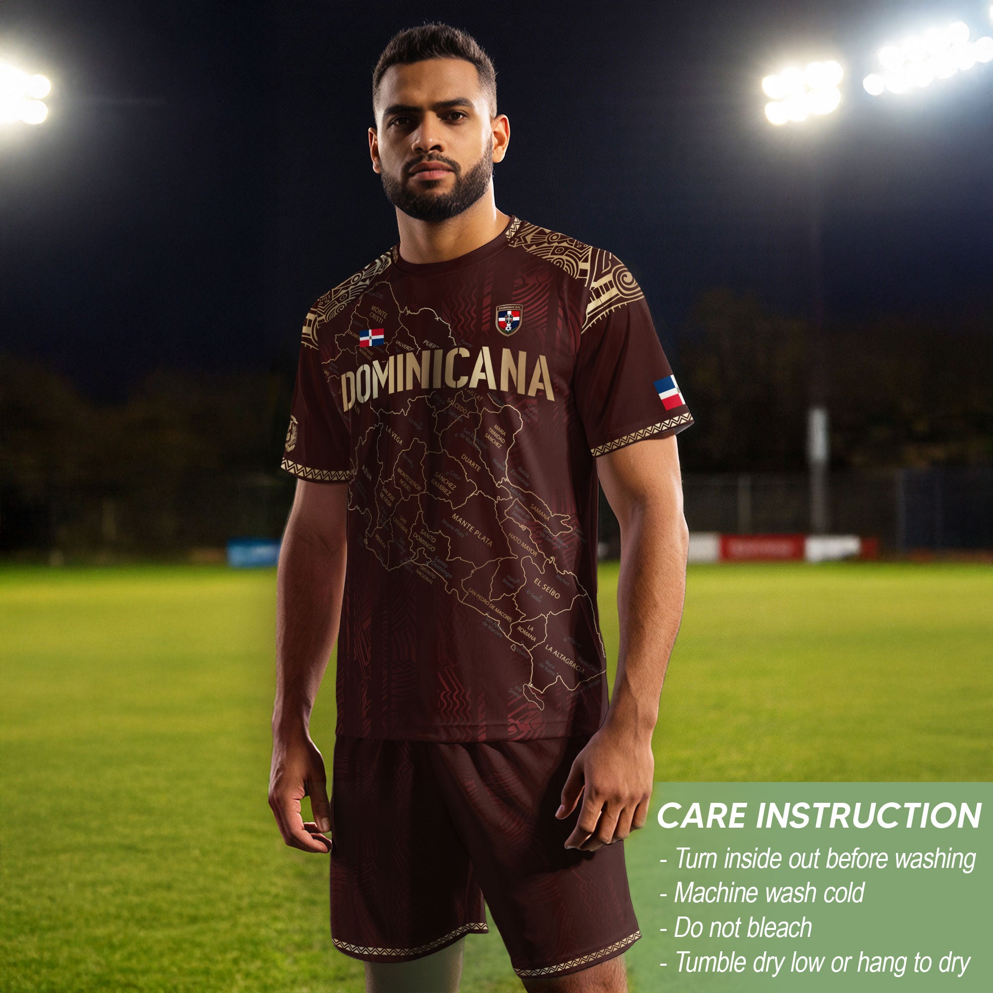 Dominican Cultural Heritage Soccer Jersey Maroon Gold, National Pride Football Collection