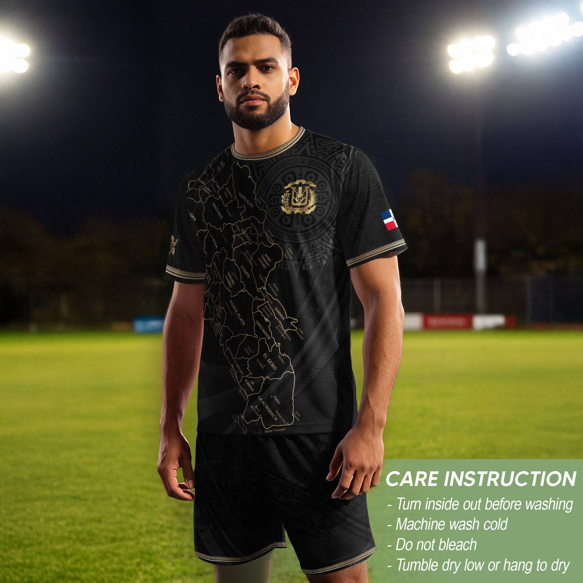 Dominican National Pride Soccer Jersey Black Gold, Cultural Heritage Apparel