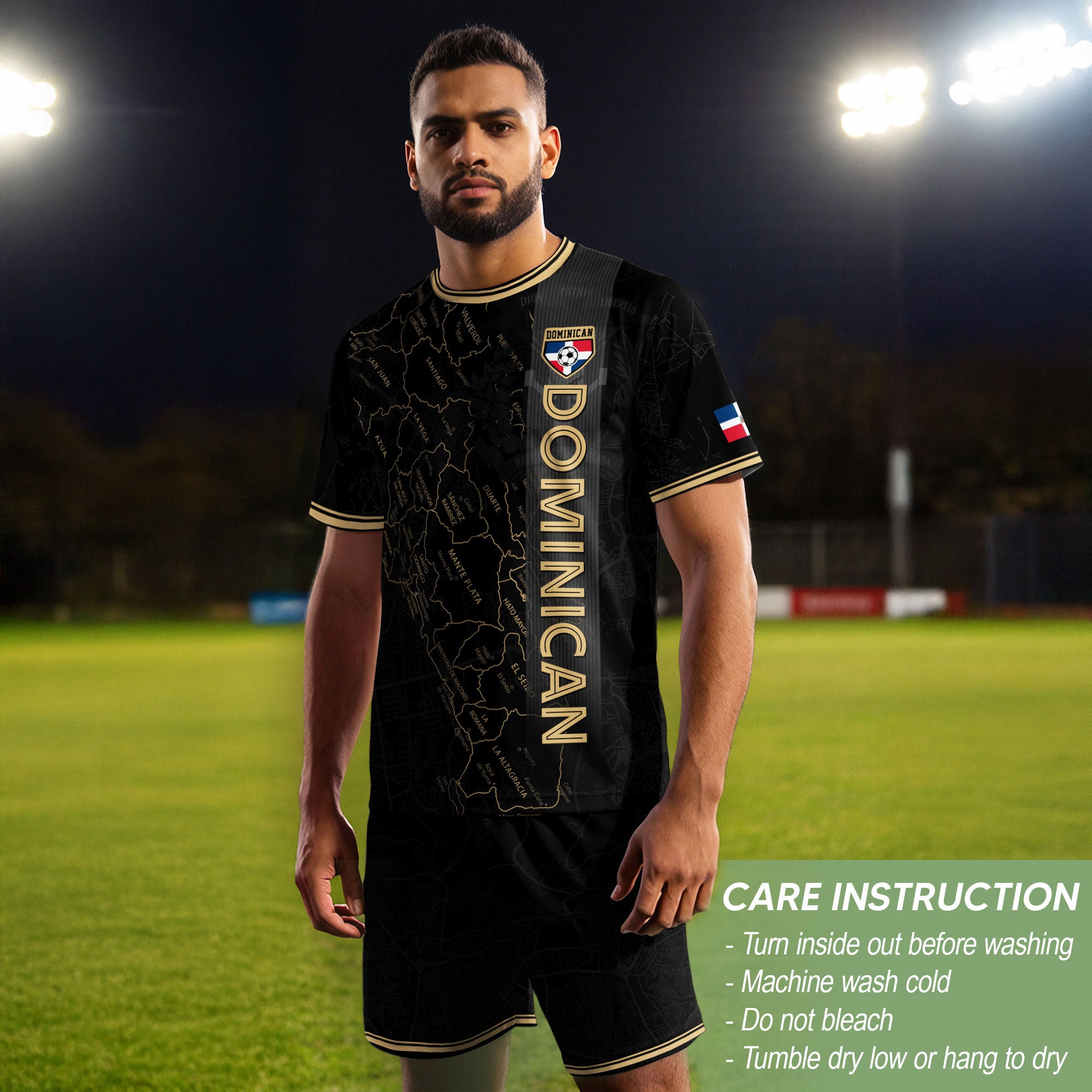 Dominican National Pride Soccer Jersey Black Gold, Taino Heritage Map Design Shirt