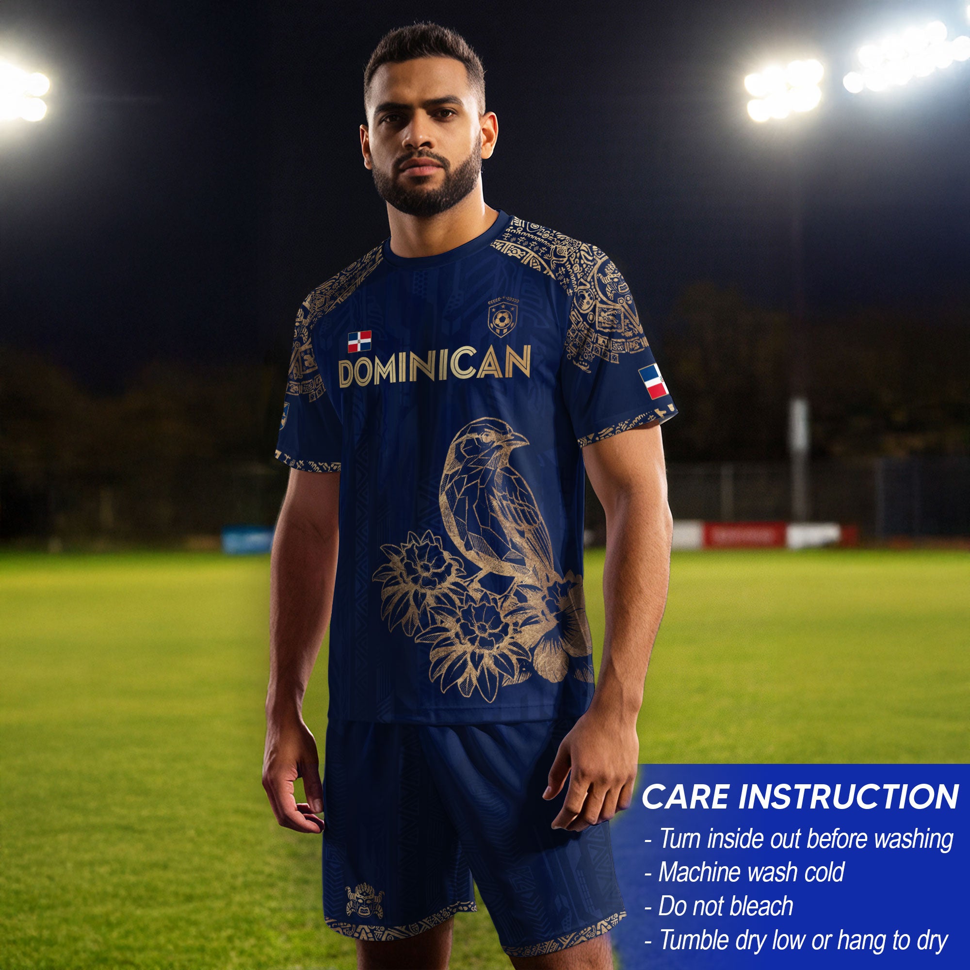 Dominican Republic Heritage Navy Gold Athletic Bird Flower Soccer Jersey
