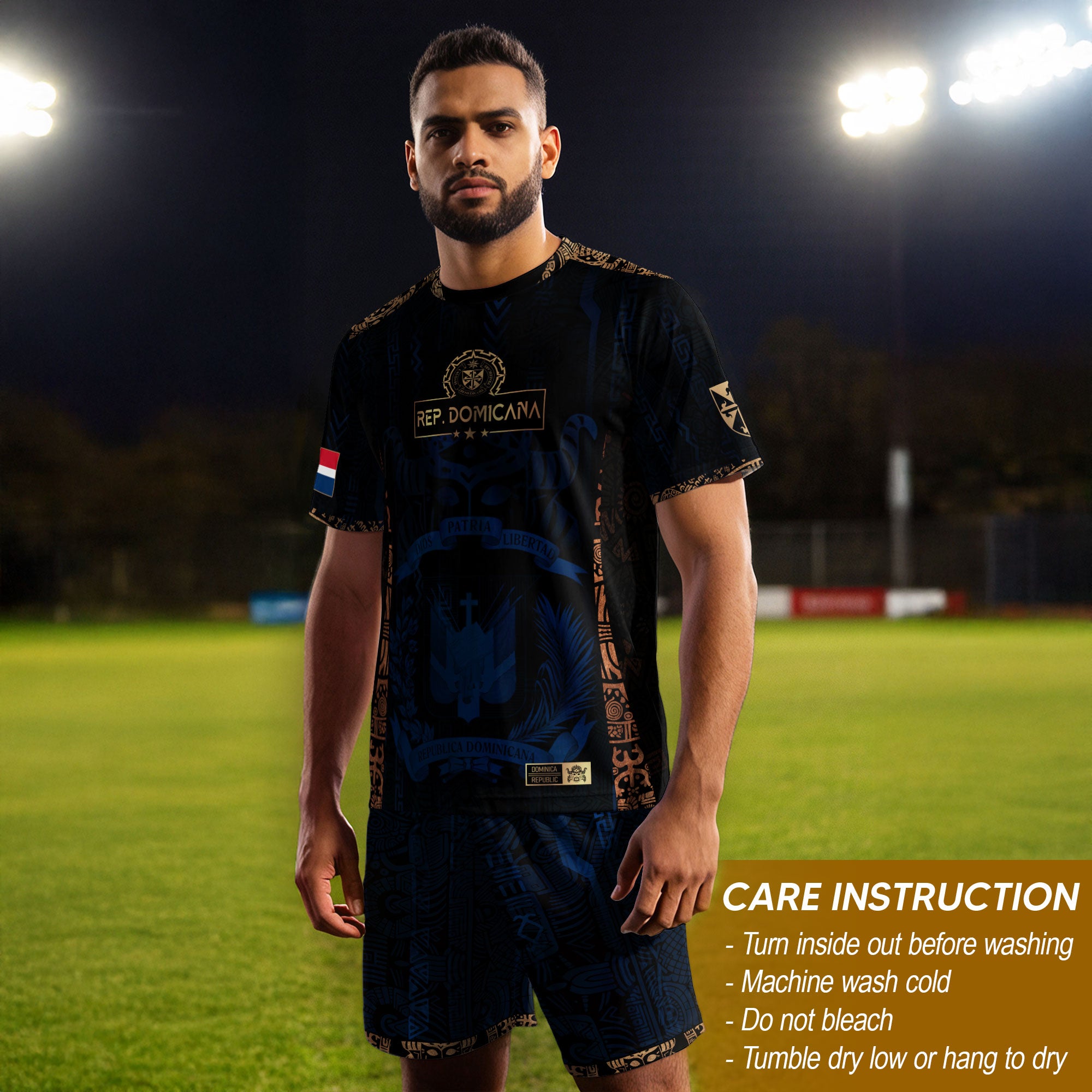 Dominican Republic Heritage Dark Navy Gold Athletic Carnival Mask Soccer Jersey