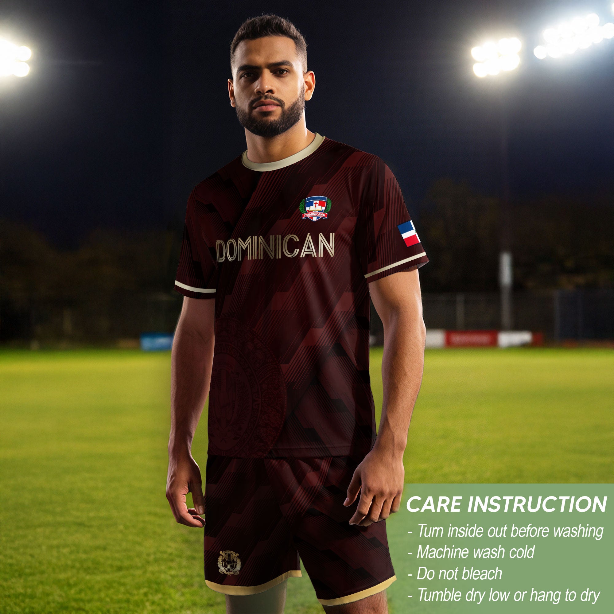 Dominican Heritage Soccer Jersey Maroon Gold, National Emblem Cultural Identity Shirt