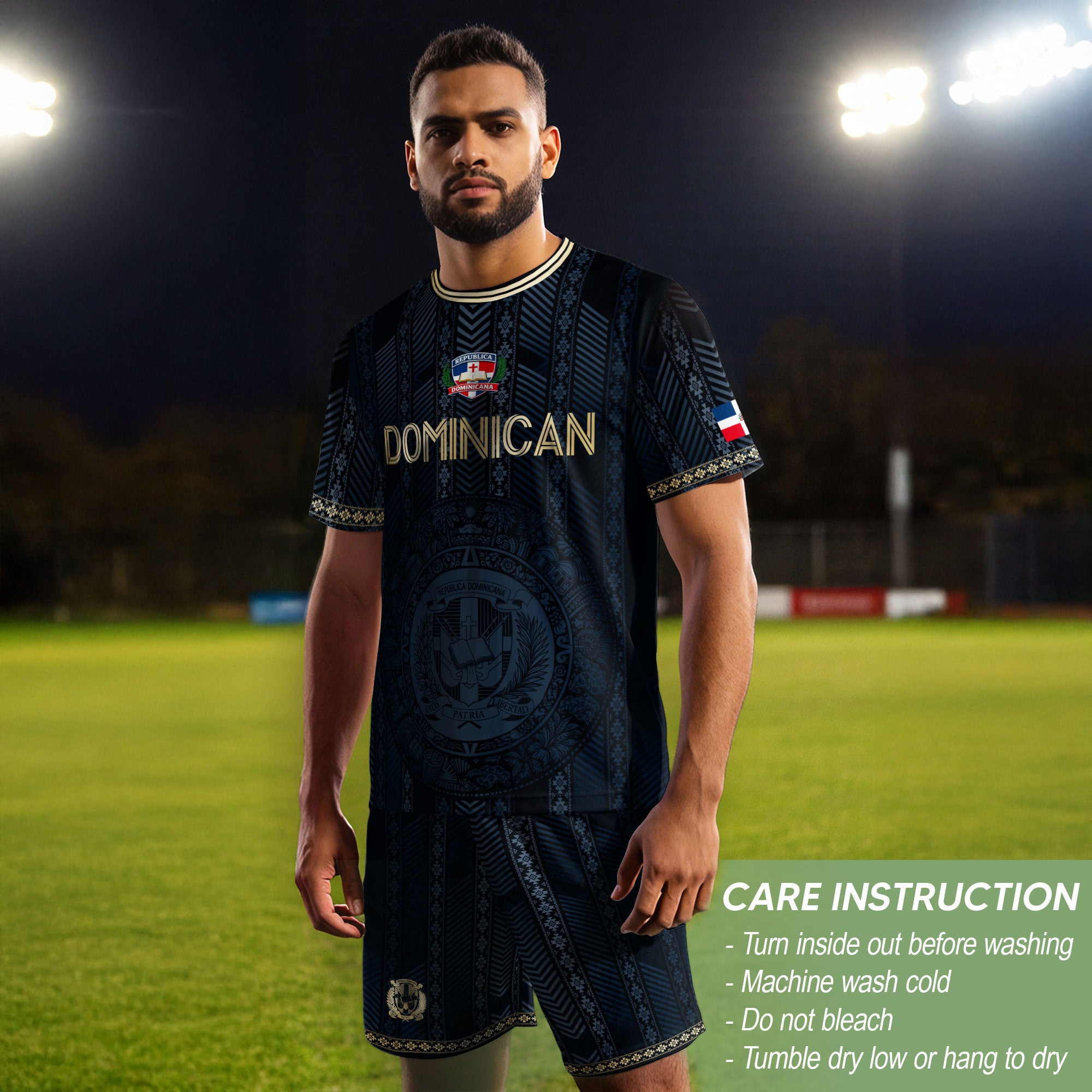 Dominican National Pride Soccer Jersey Navy Gold, Heritage Inspired Cultural Design