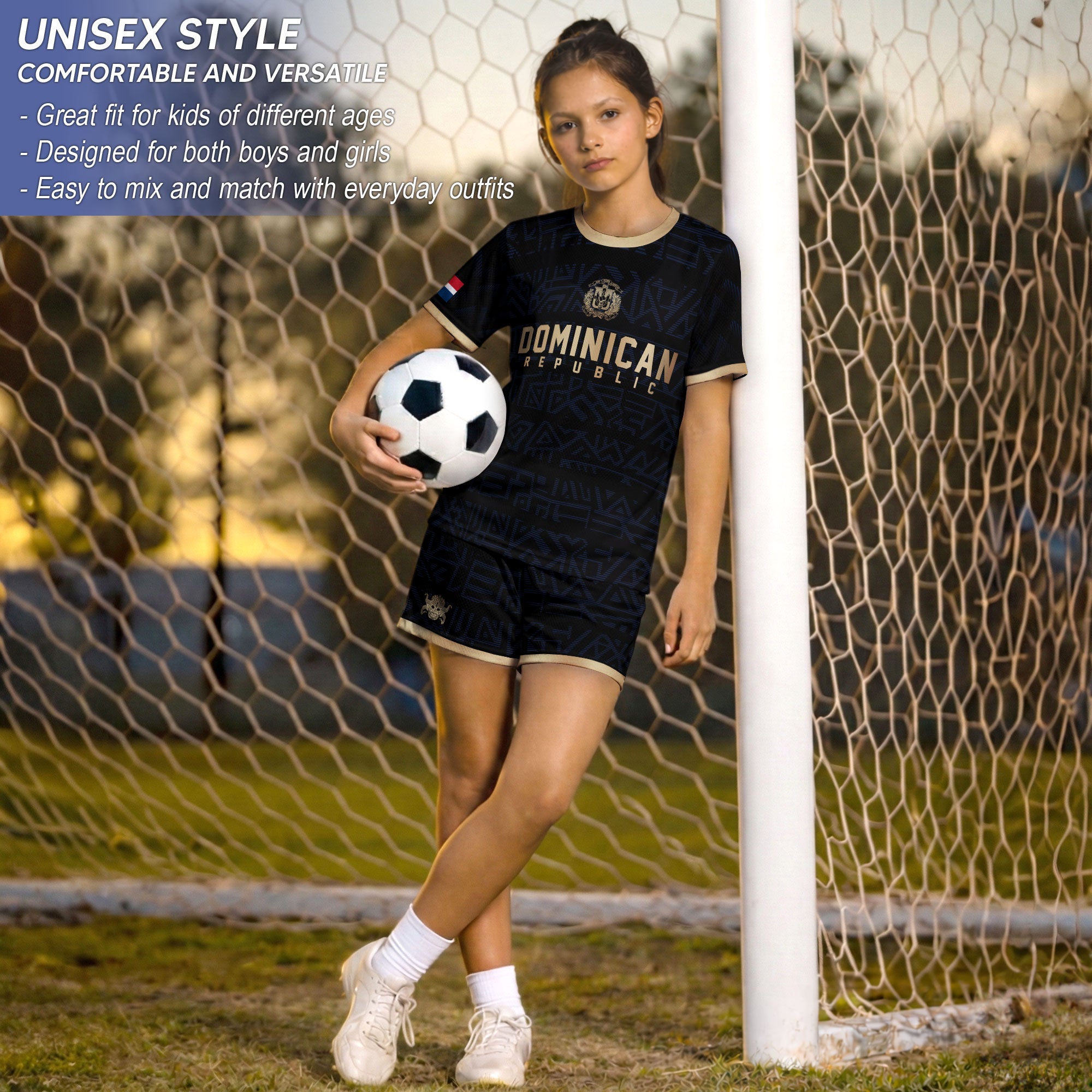 Dominican Republic Kids Youth Black Navy Gold Geometric National Soccer Jersey