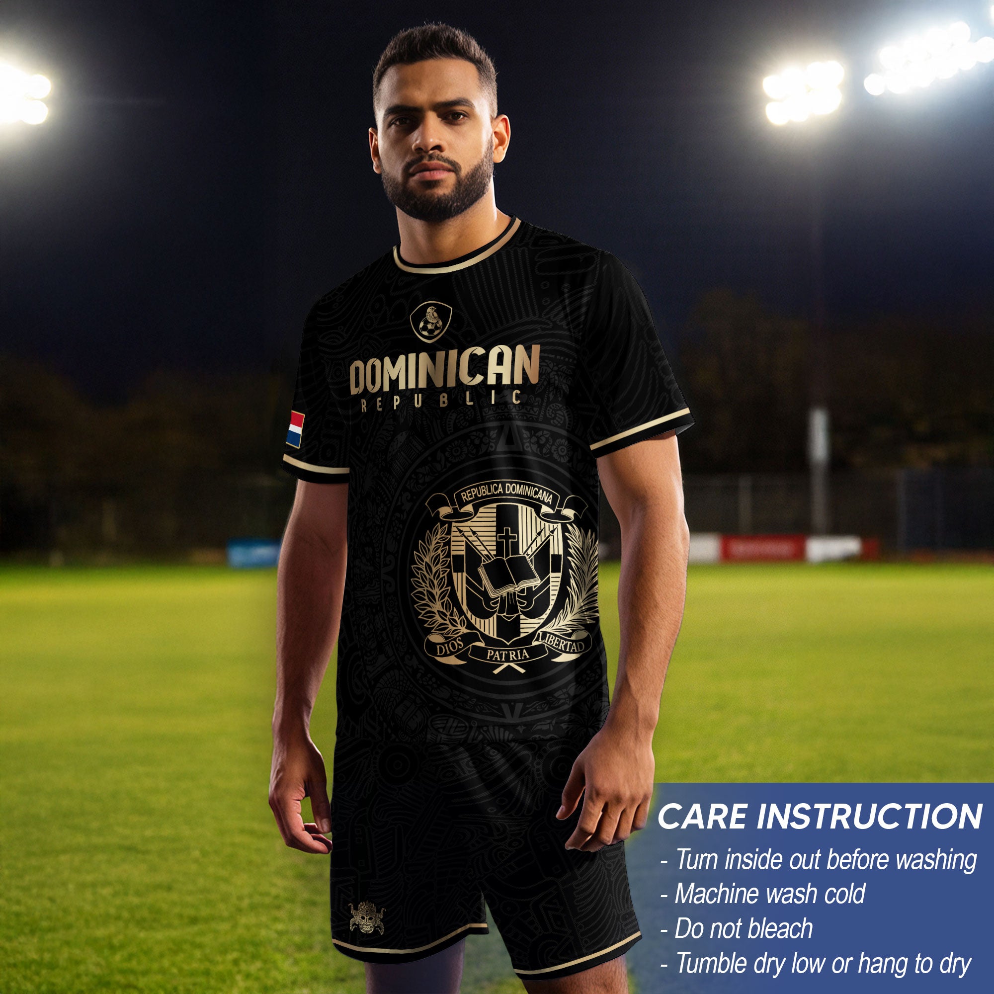 Dominican Republic Black Gold Flag Emblem Graphic National Heritage Soccer Jersey