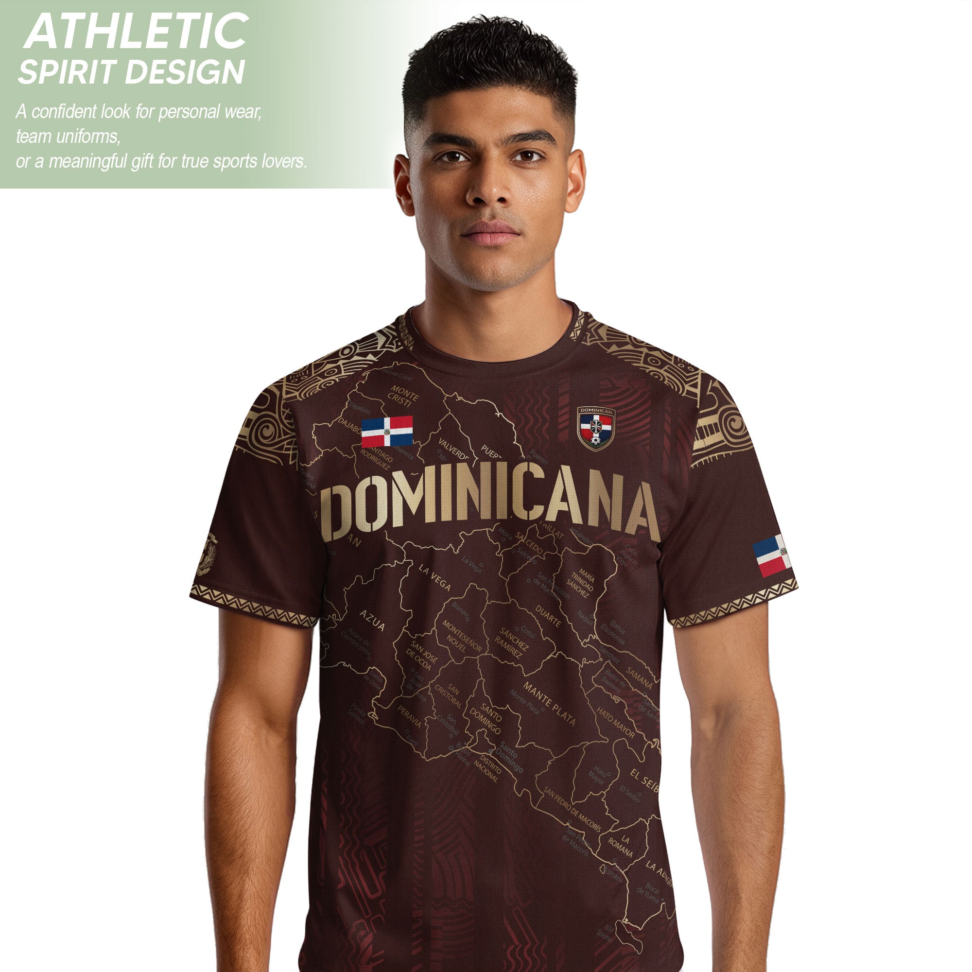 Dominican Cultural Heritage Soccer Jersey Maroon Gold, National Pride Football Collection