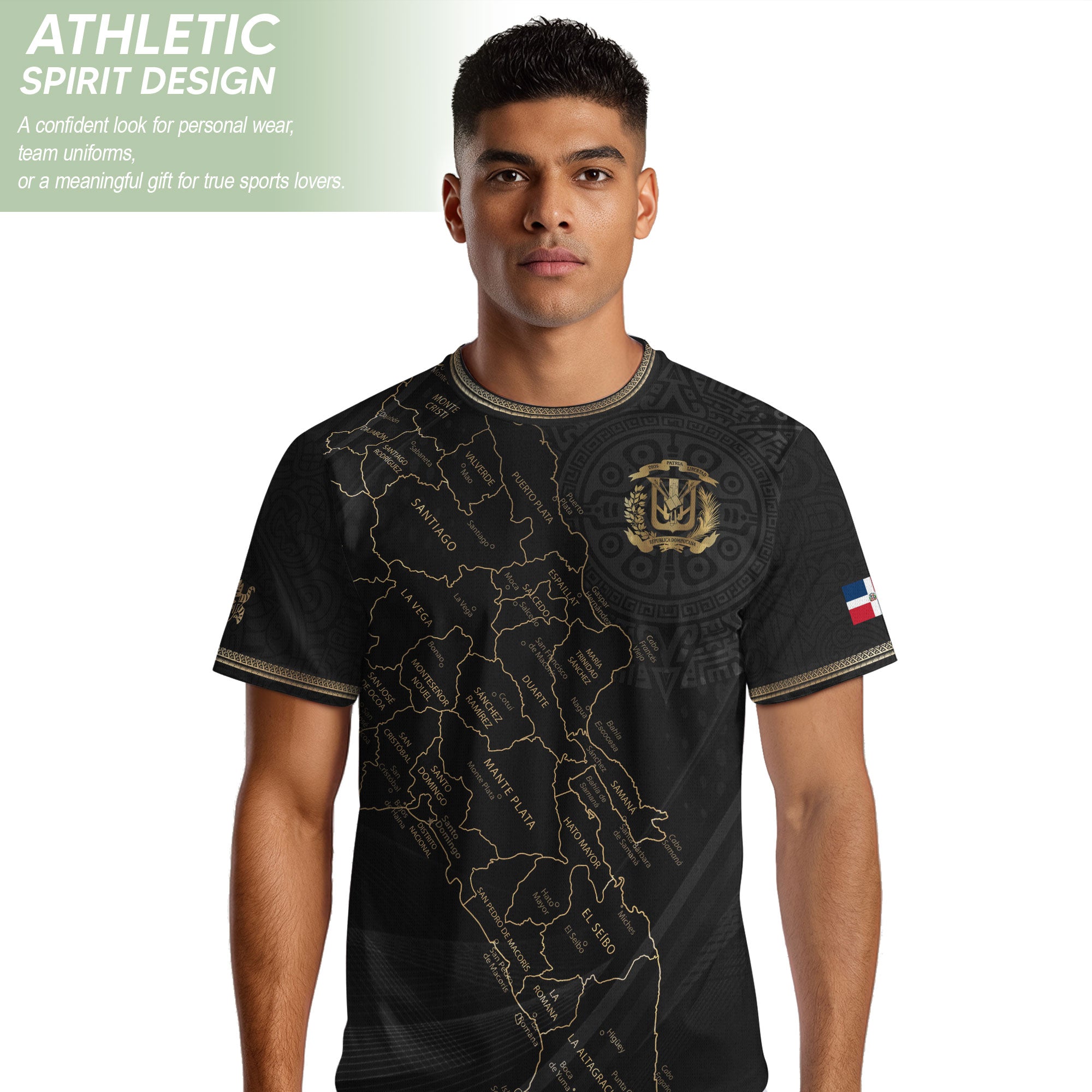 Dominican National Pride Soccer Jersey Black Gold, Cultural Heritage Apparel