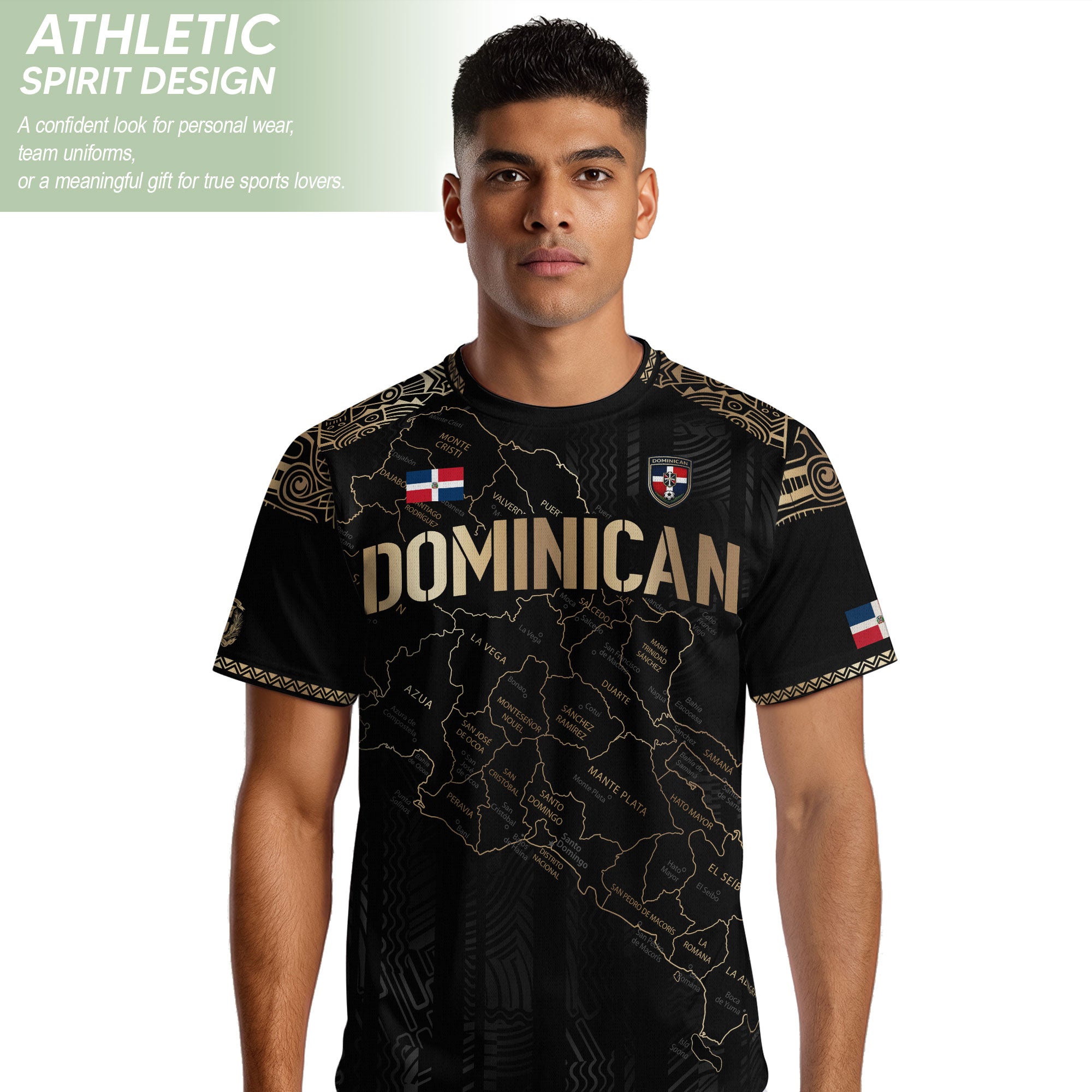 Dominican Heritage Soccer Jersey with Island Map Black Gold, Taino Inspired National Pride Shirt