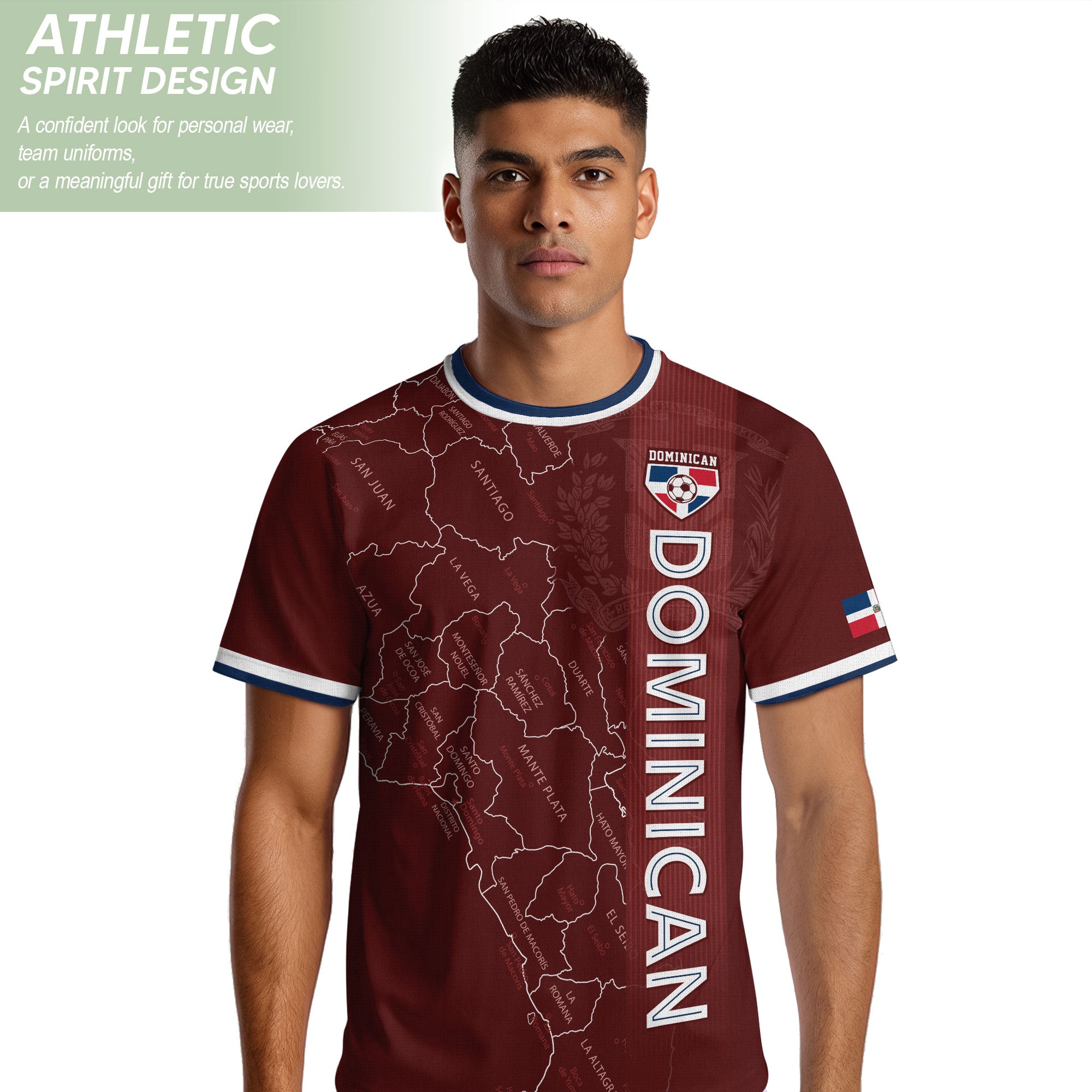 Dominican Republic Soccer Jersey Maroon White Blue, Taino Map Design Caribbean Cultural Shirt