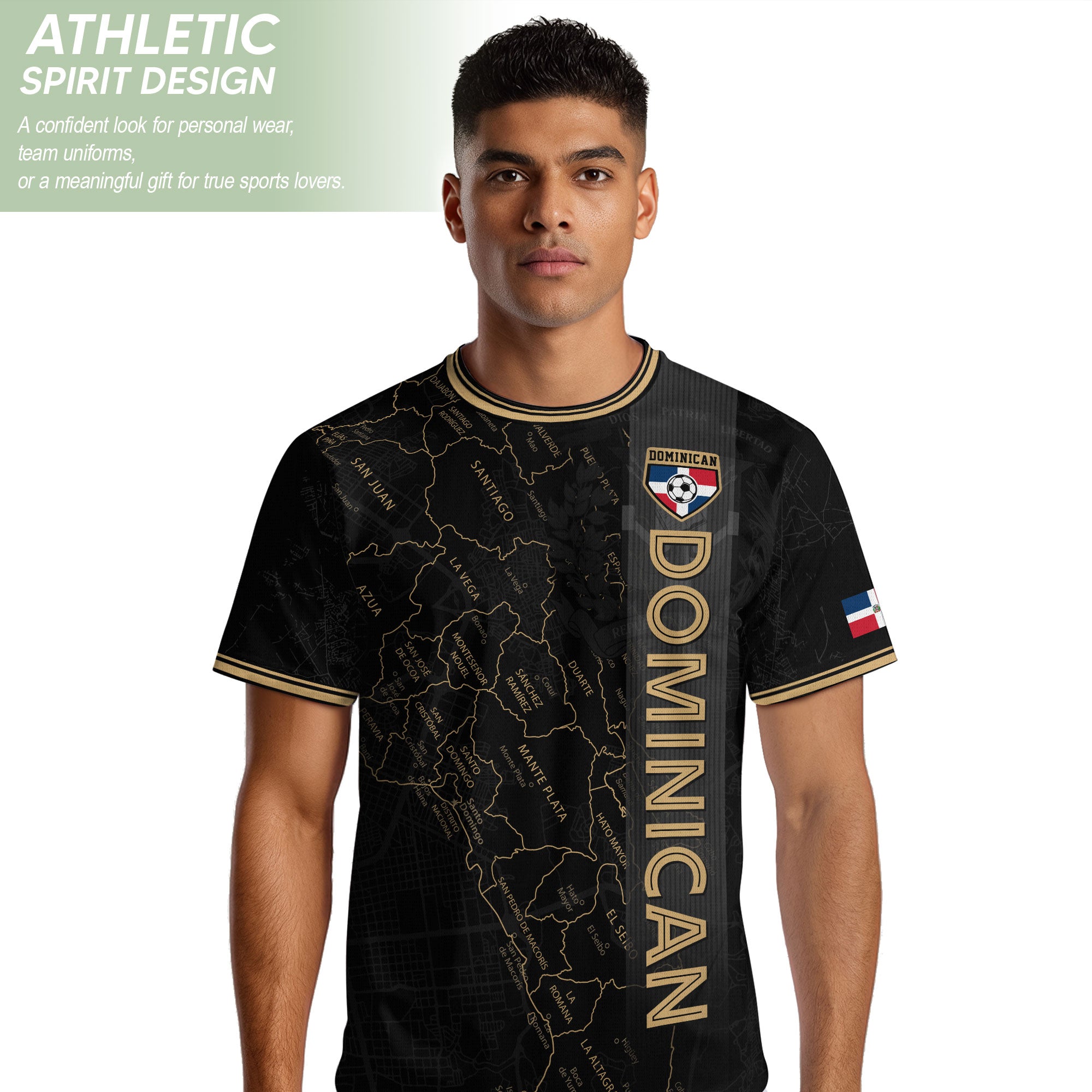 Dominican National Pride Soccer Jersey Black Gold, Taino Heritage Map Design Shirt