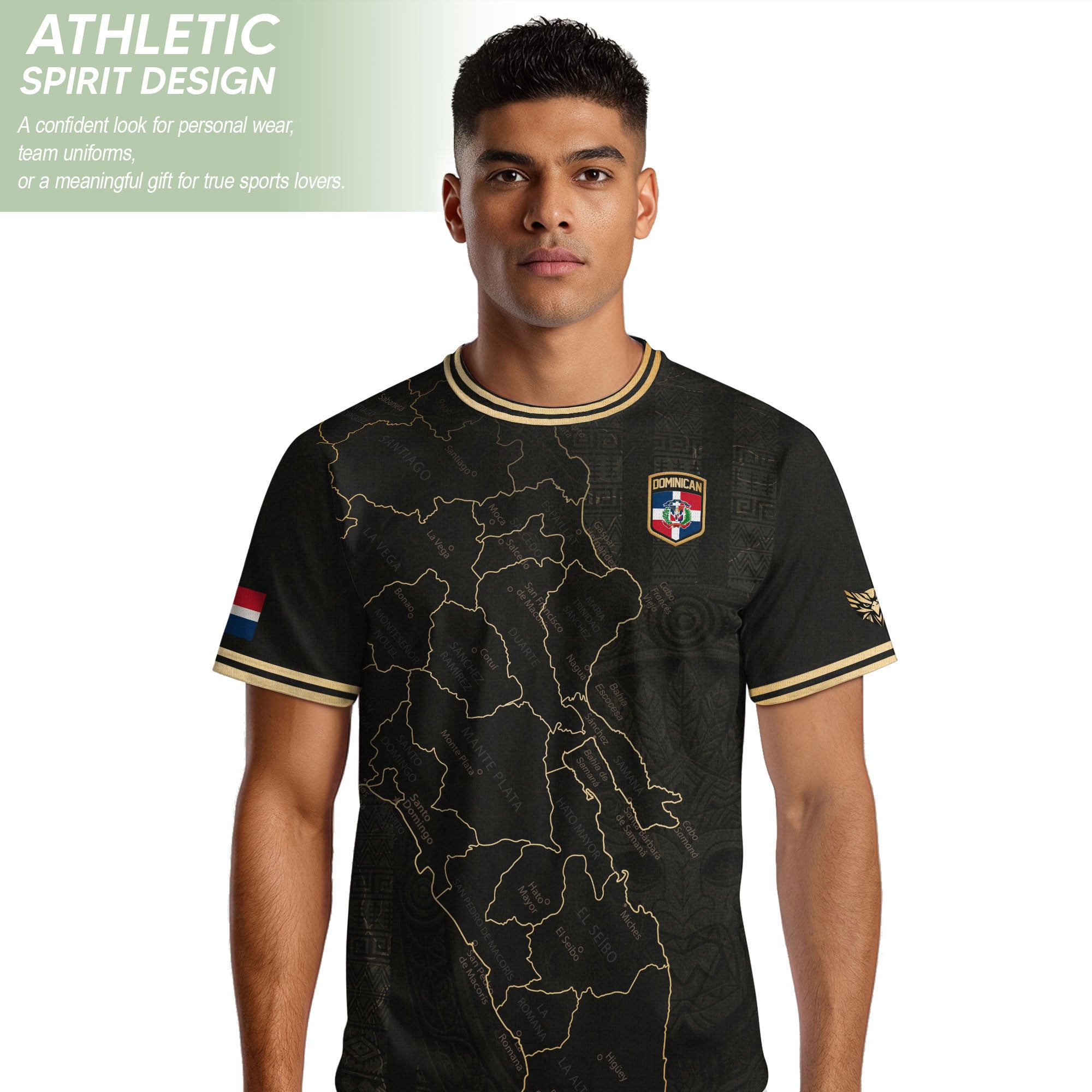 Dominican National Identity Soccer Jersey Black Gold, Heritage Pride Apparel