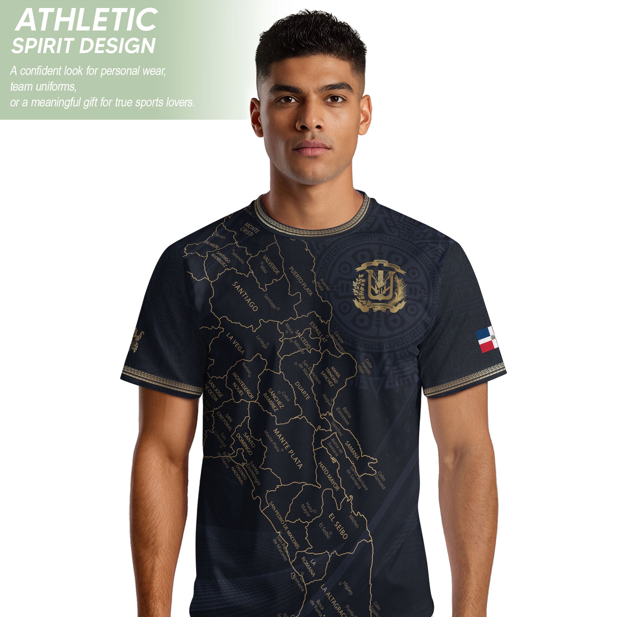 Dominican Heritage Soccer Jersey Black Gold, Cultural Pride & Identity Collection