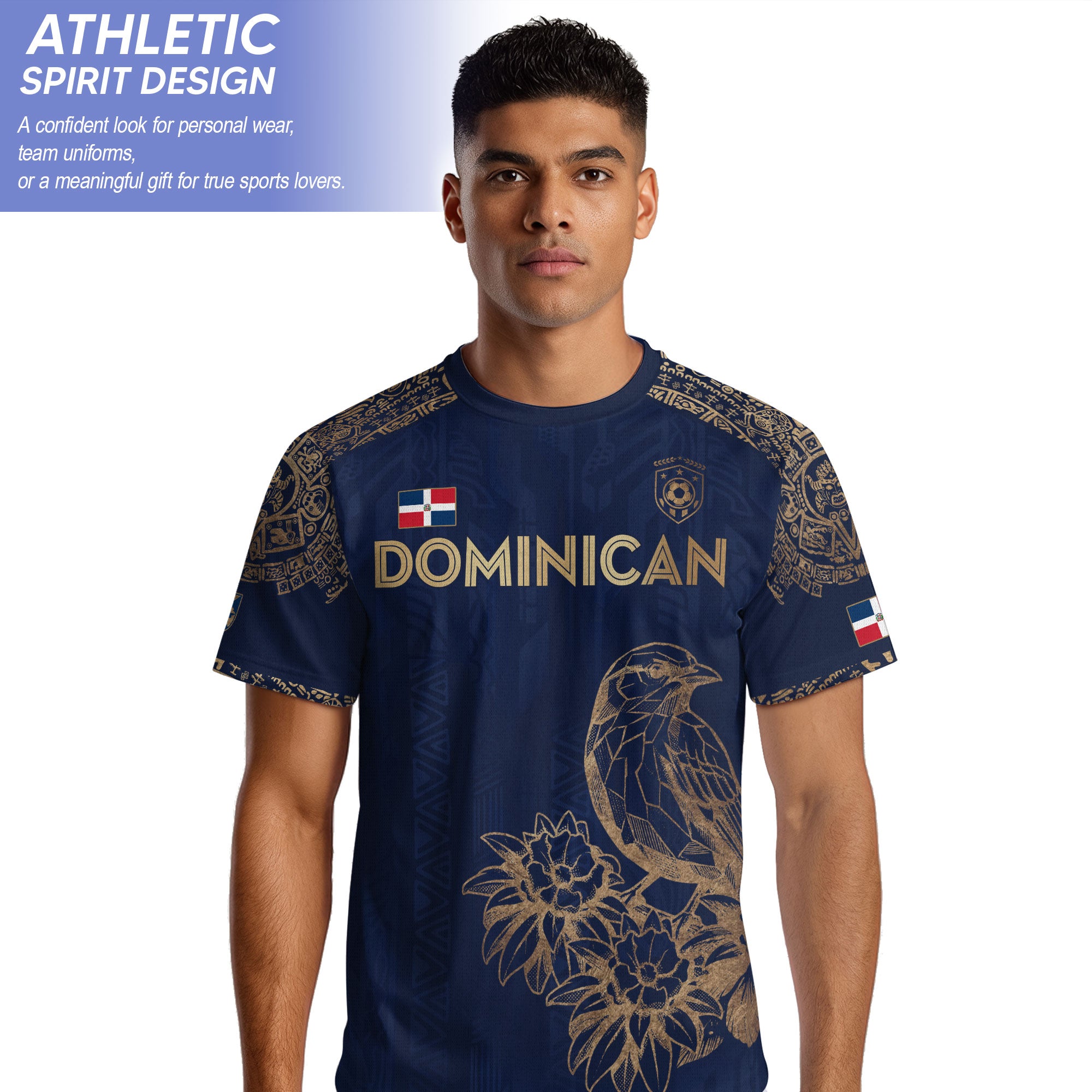Dominican Republic Heritage Navy Gold Athletic Bird Flower Soccer Jersey