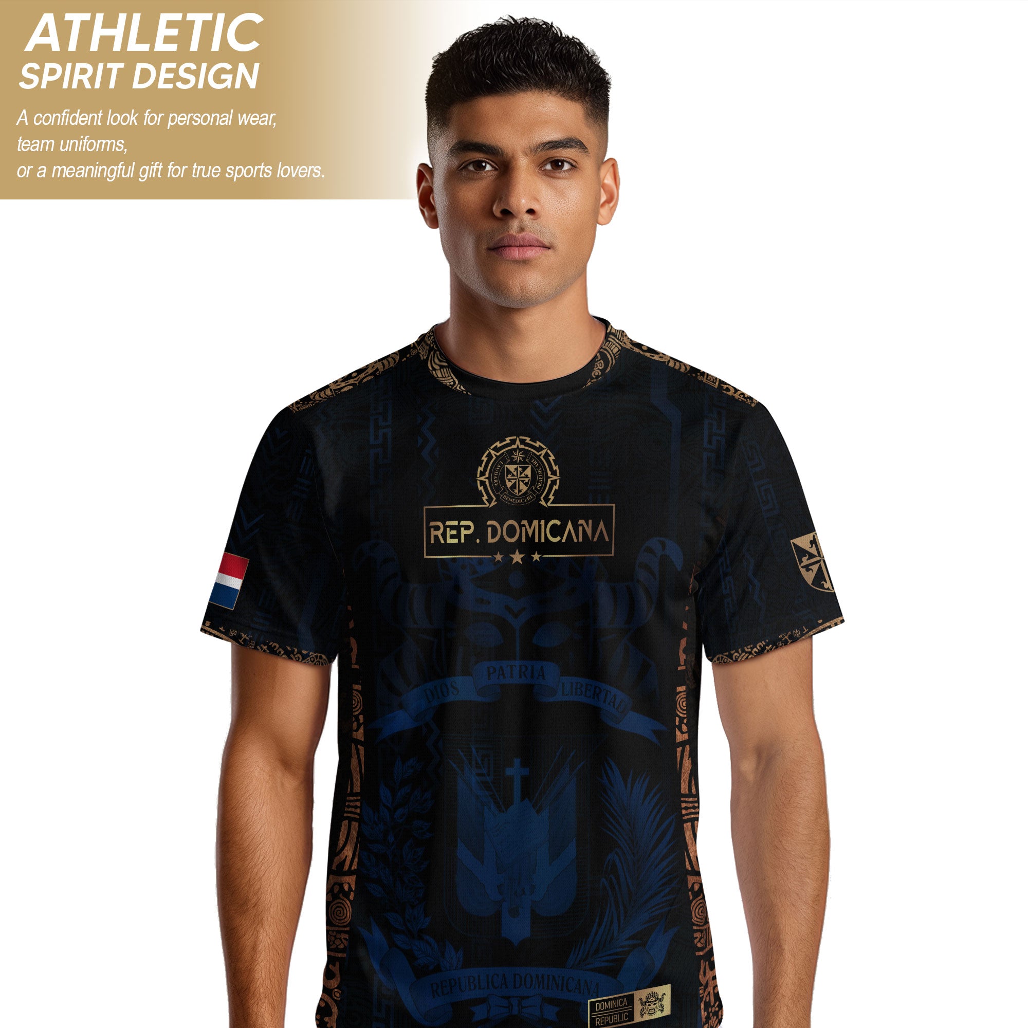 Dominican Republic Heritage Dark Navy Gold Athletic Carnival Mask Soccer Jersey