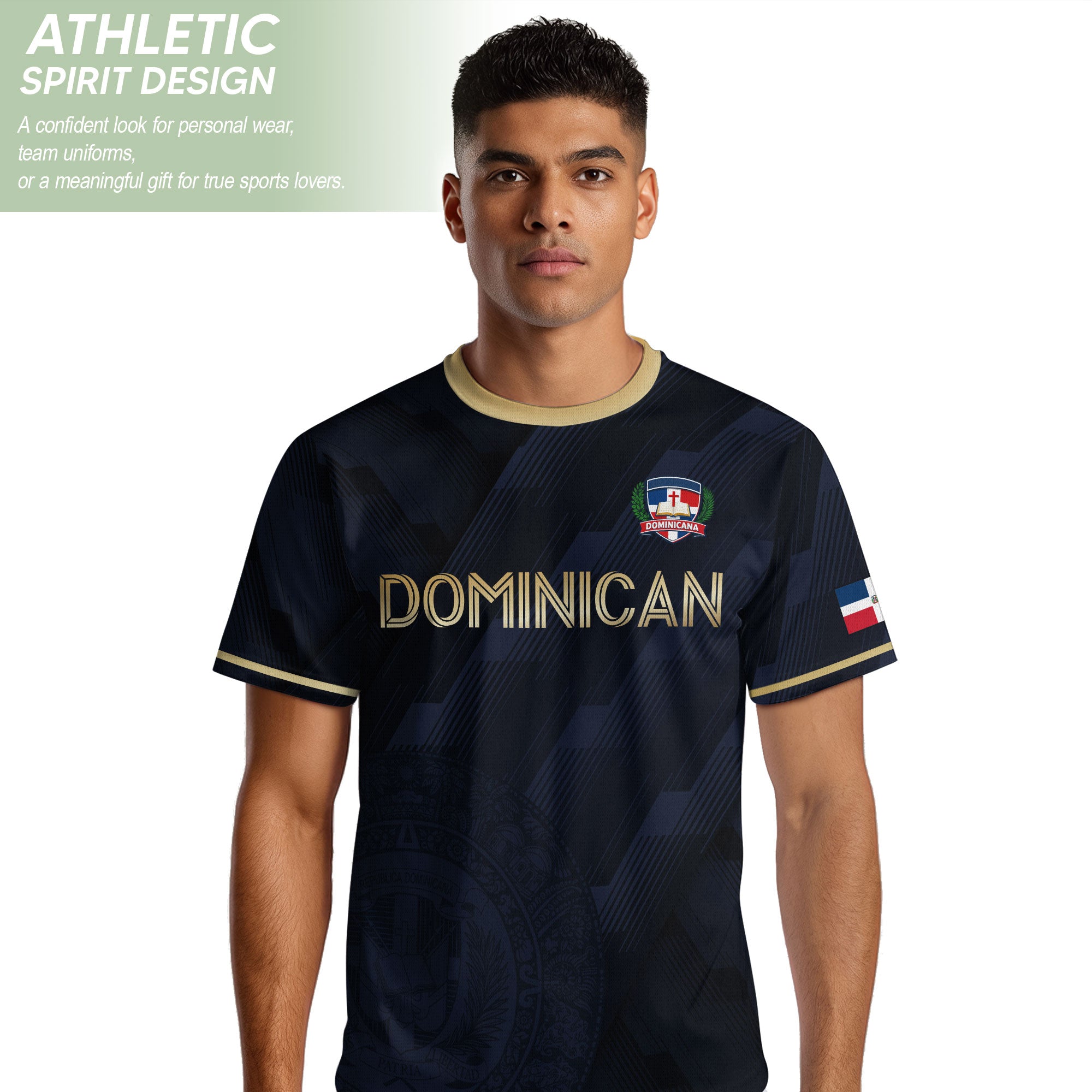 Dominican Republic National Heritage Soccer Jersey Navy Gold, Cultural Pride Emblem Design