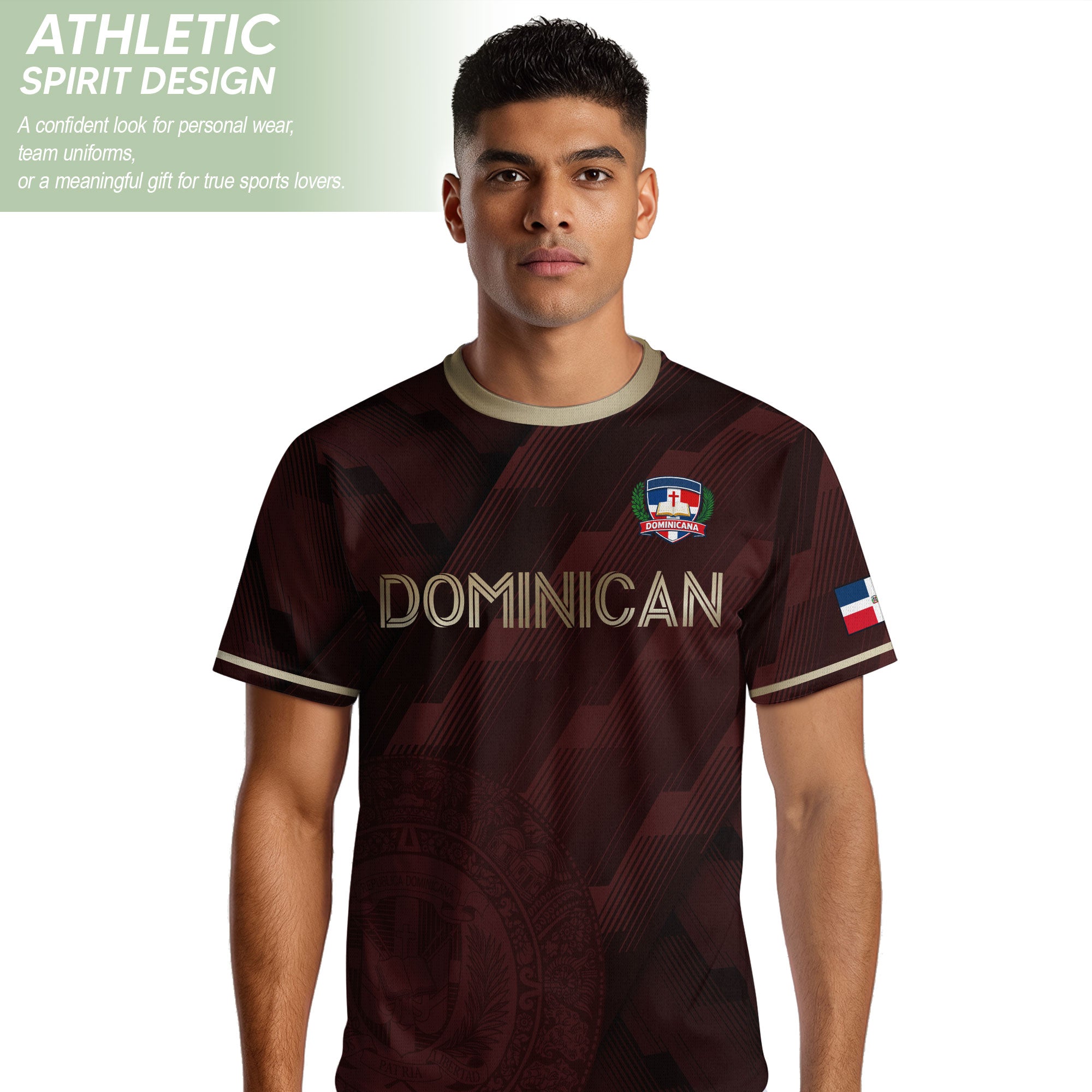 Dominican Heritage Soccer Jersey Maroon Gold, National Emblem Cultural Identity Shirt