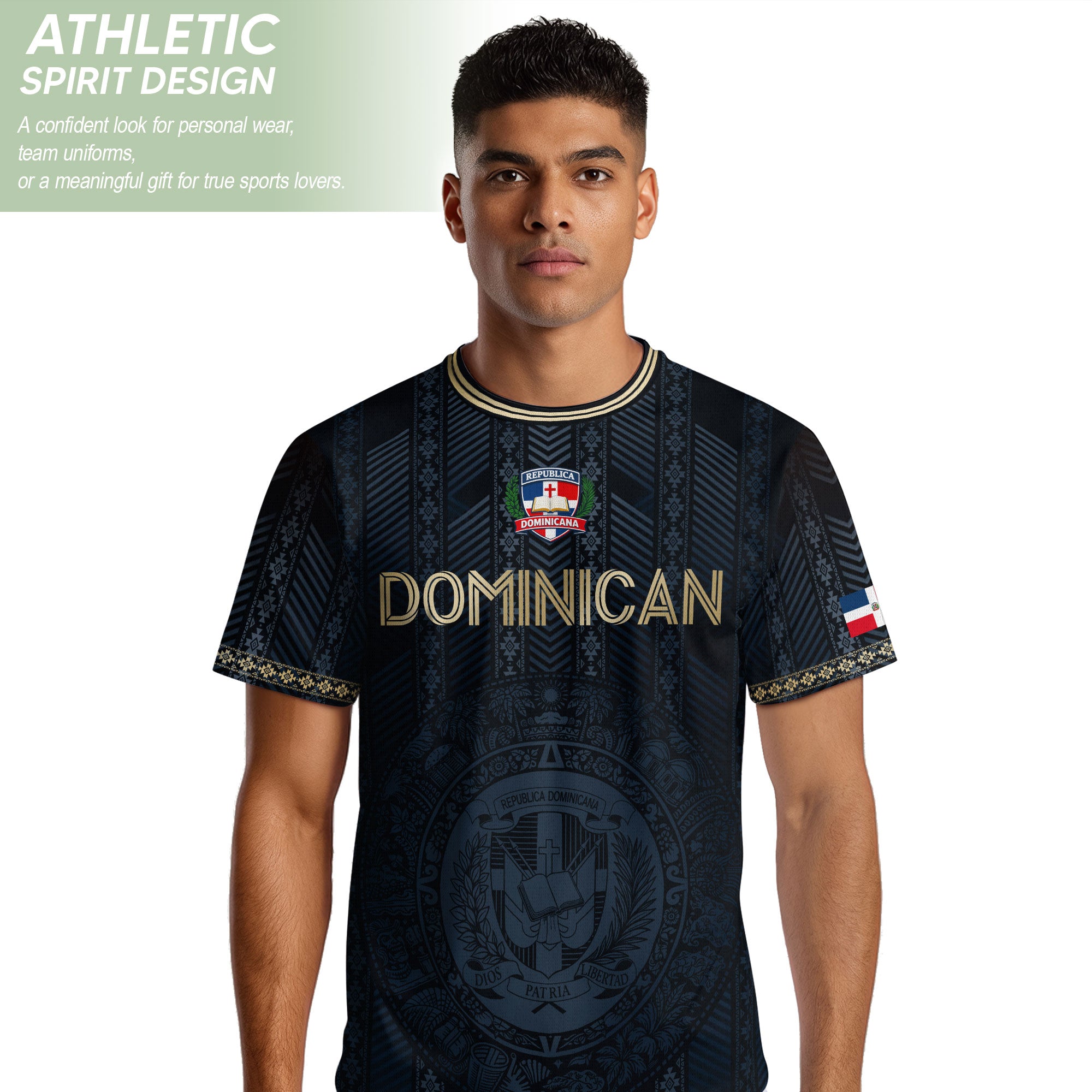 Dominican National Pride Soccer Jersey Navy Gold, Heritage Inspired Cultural Design