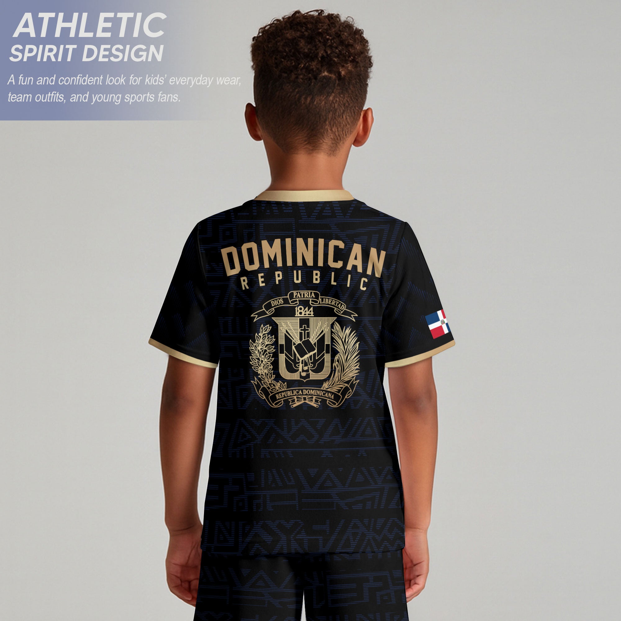 Dominican Republic Kids Youth Black Navy Gold Geometric National Soccer Jersey
