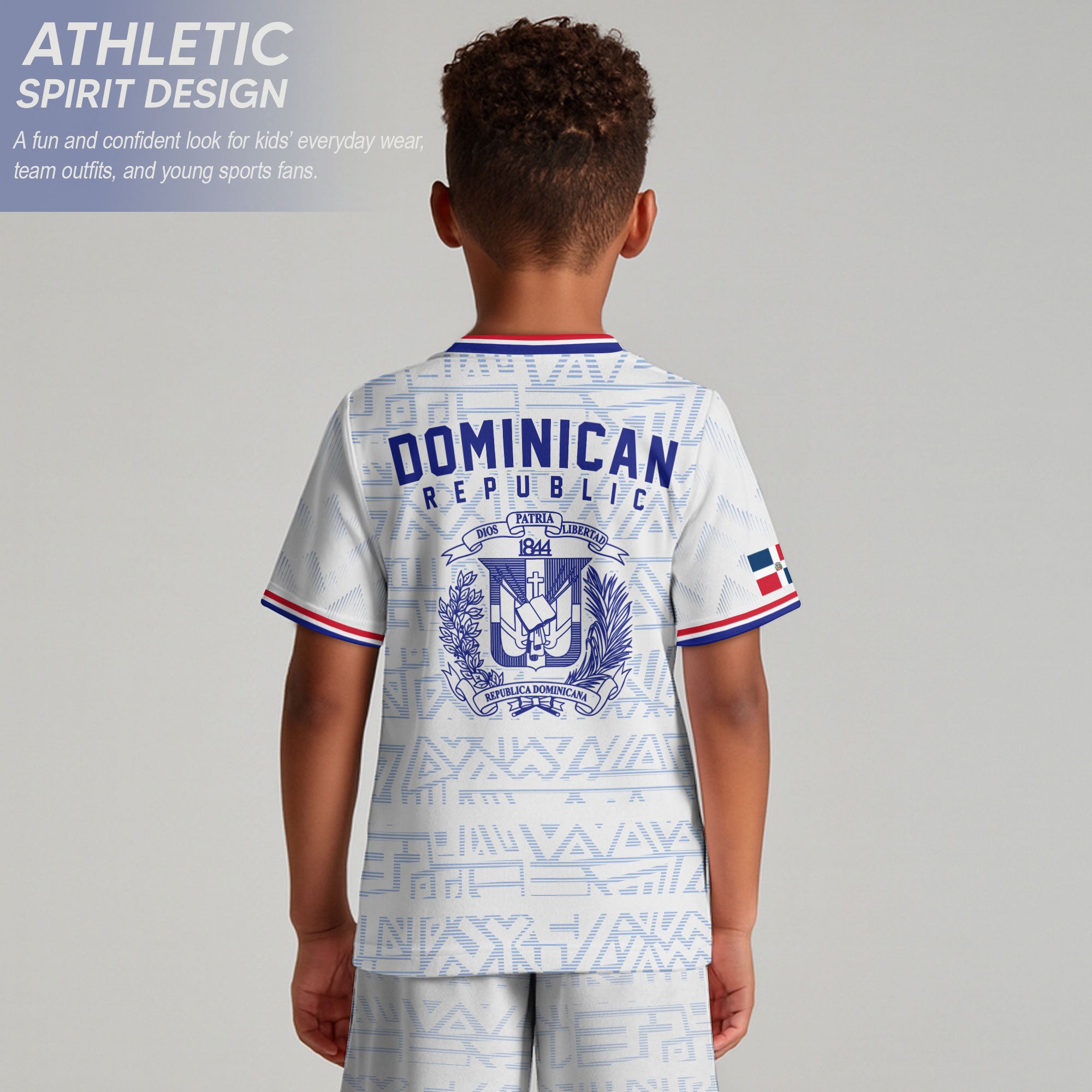 Dominican Republic Kids Youth White Red Blue Athletic Geometric Soccer Jersey