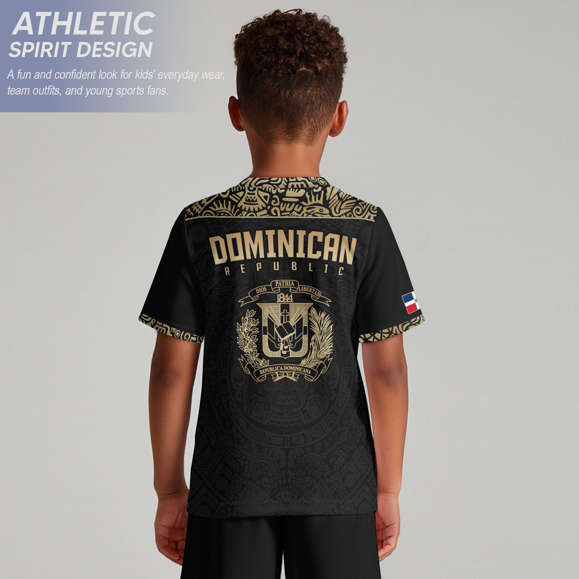 Dominican Republic Kids Youth Heritage Black Gold Taino Mask National Soccer Jersey