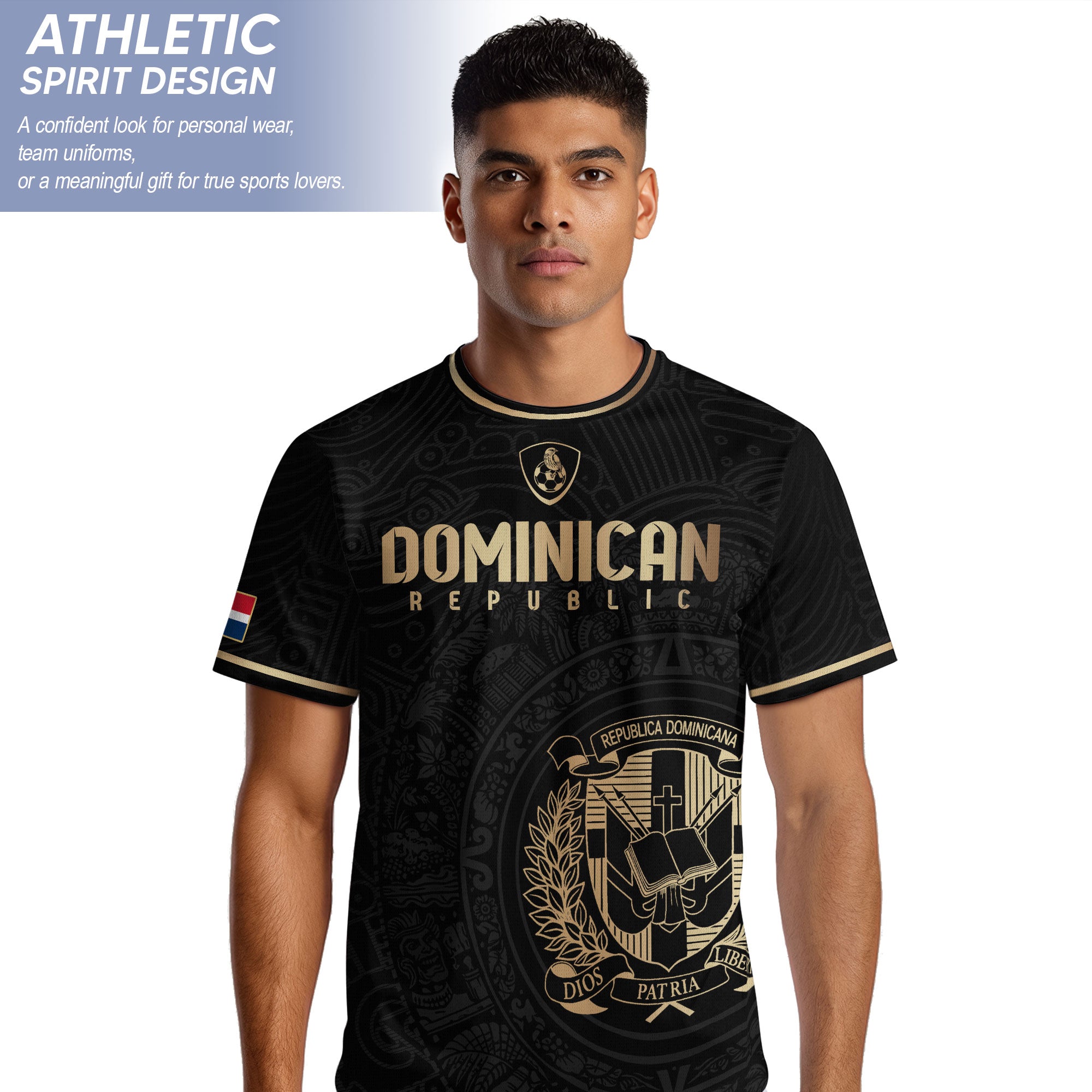 Dominican Republic Black Gold Flag Emblem Graphic National Heritage Soccer Jersey