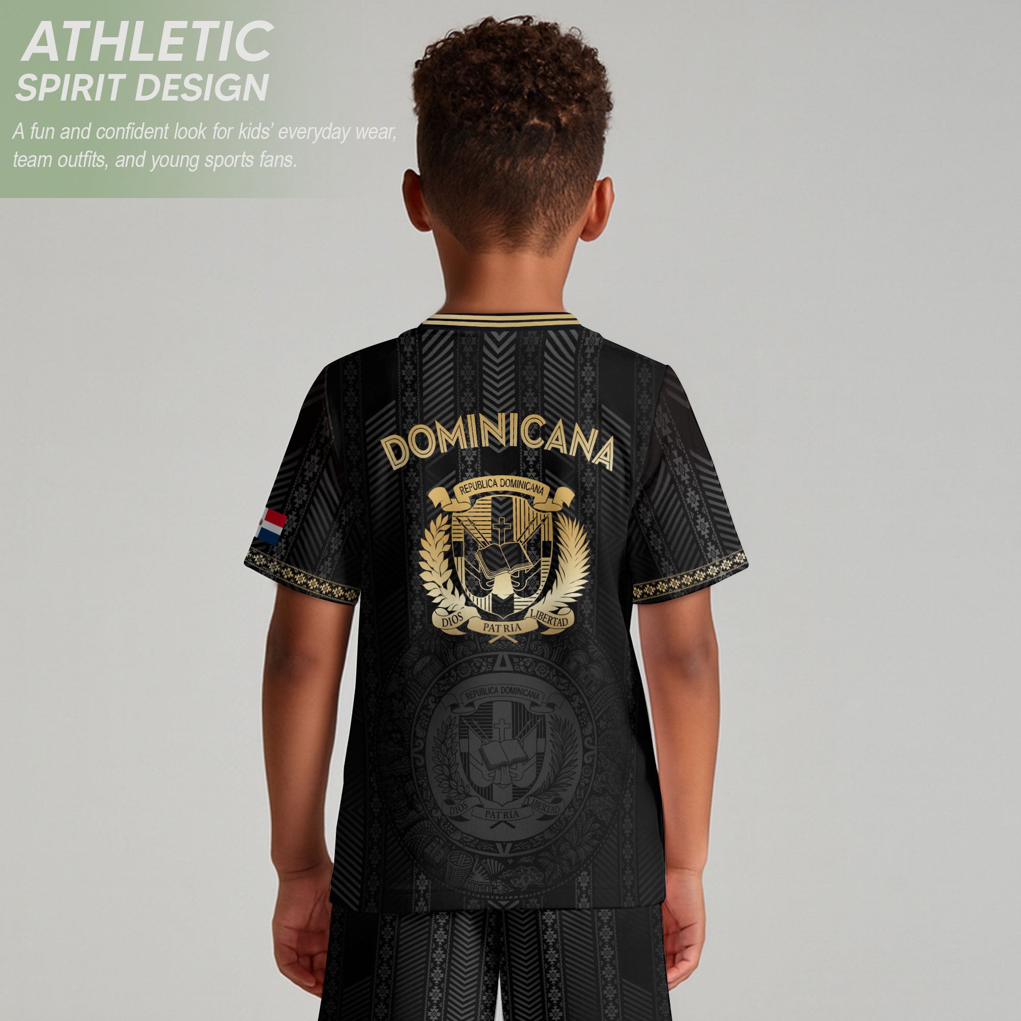 Dominican Republic Kids Youth Heritage Black Gold Vintage Vertical Pattern Soccer Jersey