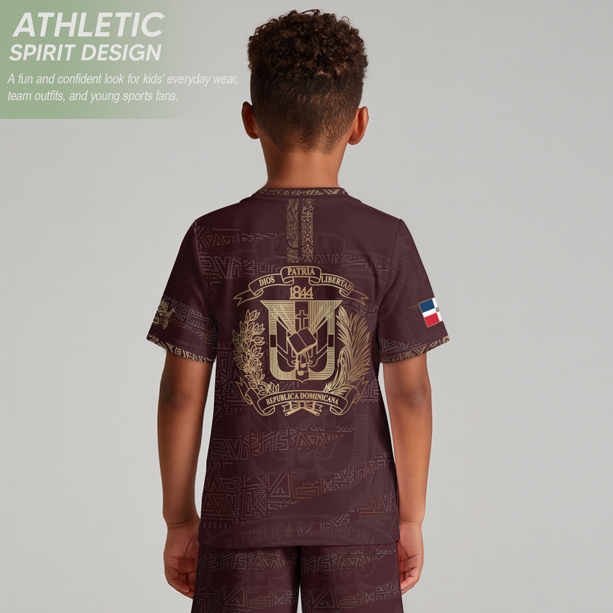 Dominican Cultural Heritage Kids Soccer Jersey Maroon Gold Pride Edition